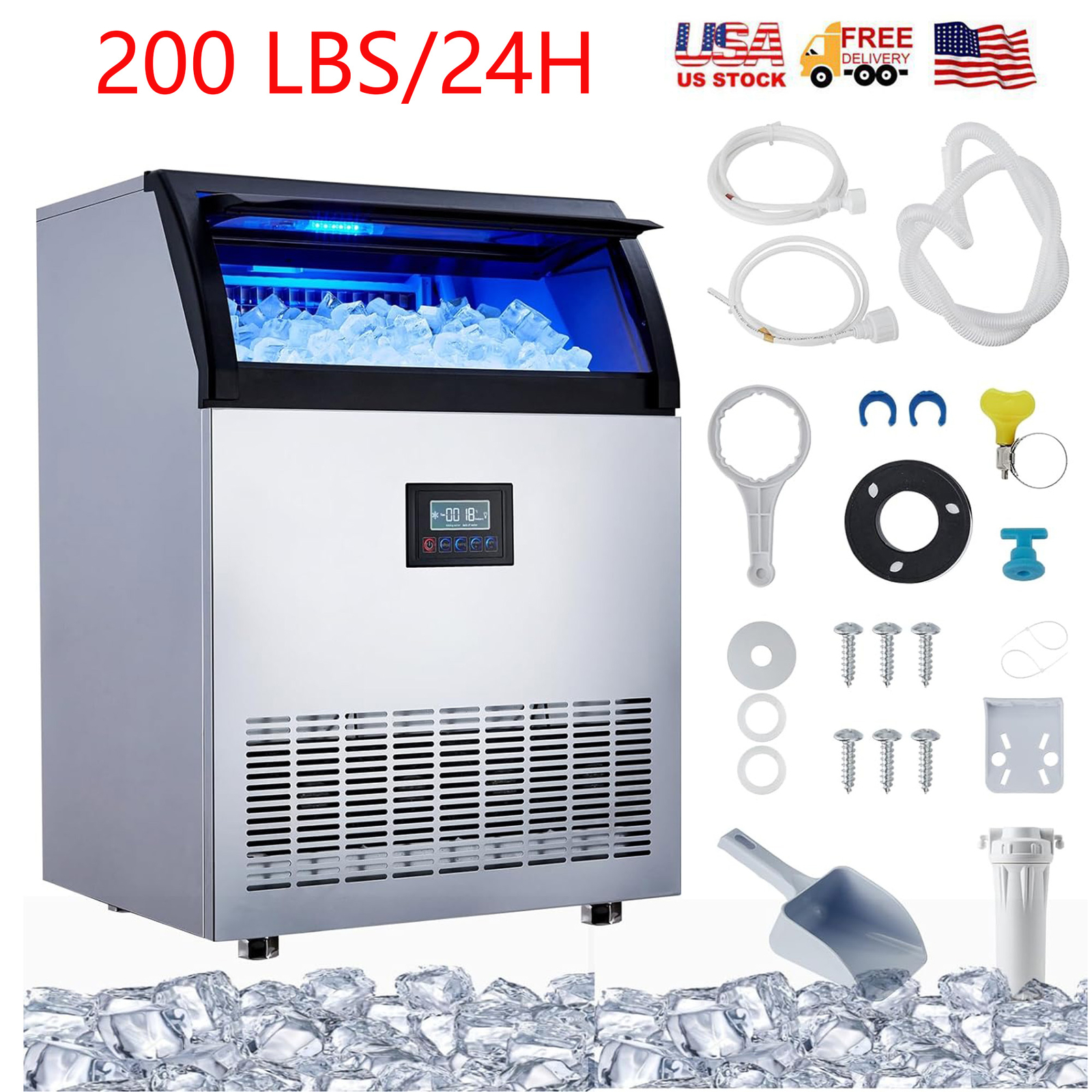 200 LBS/24H Commercial Ice Maker Stainless Ice Cube Machine With 55 lbs Storage