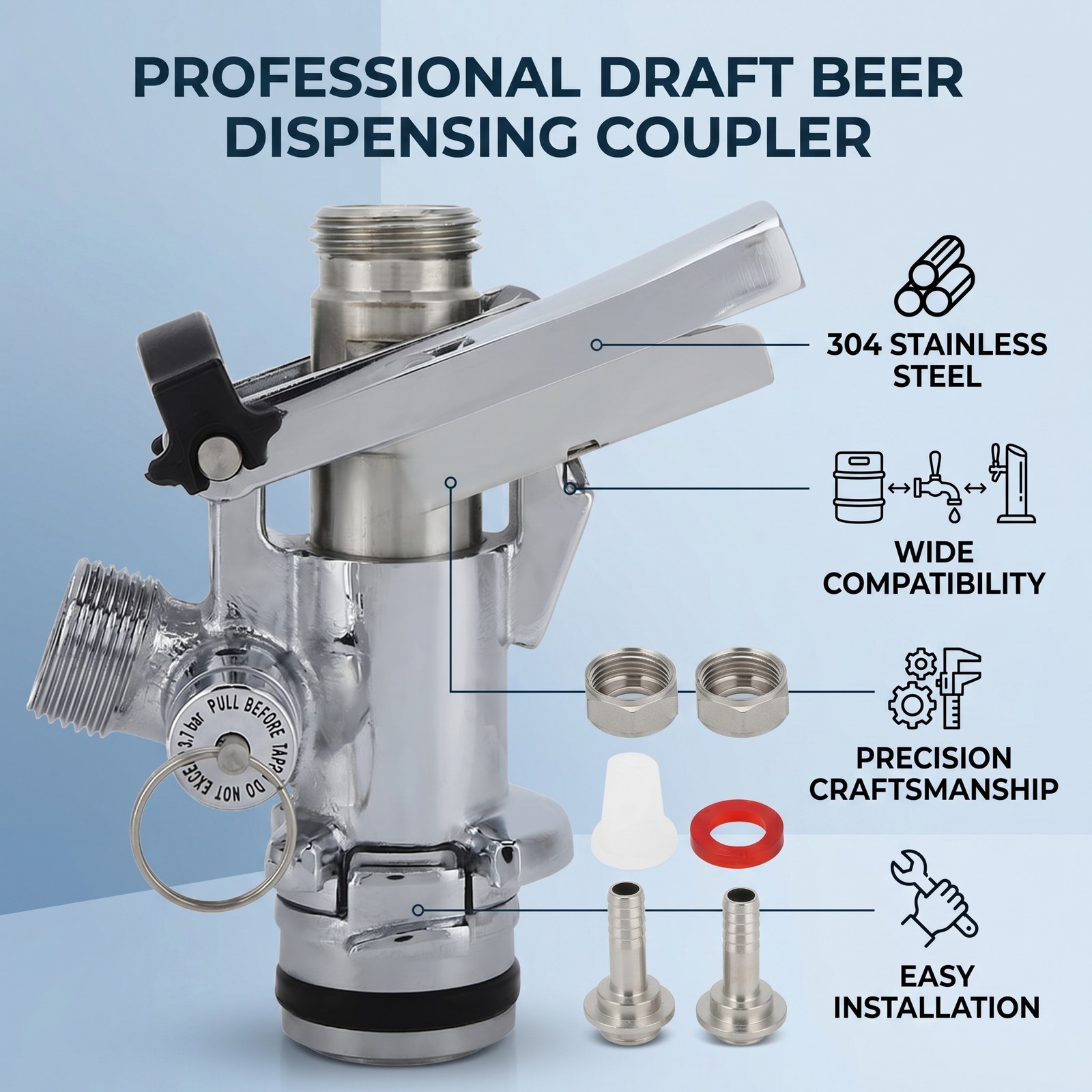 Keg Coupler 843g Brass Stainless Steel Keg Connector for Hotel Bar Beer Serving