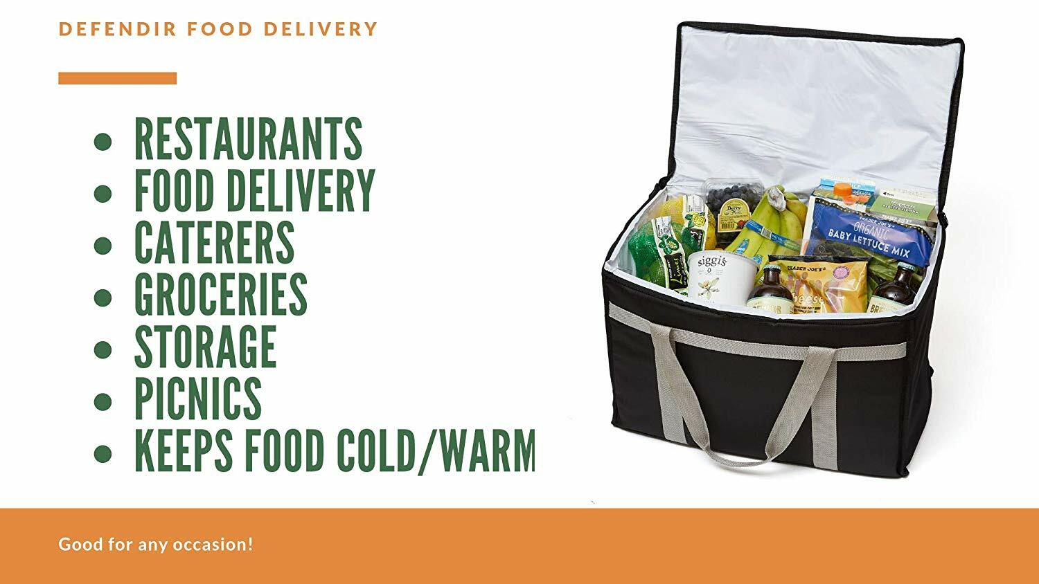 Defendir Insulated Food Delivery Bag Hot & Cold Travel Storage Ubereats doordash