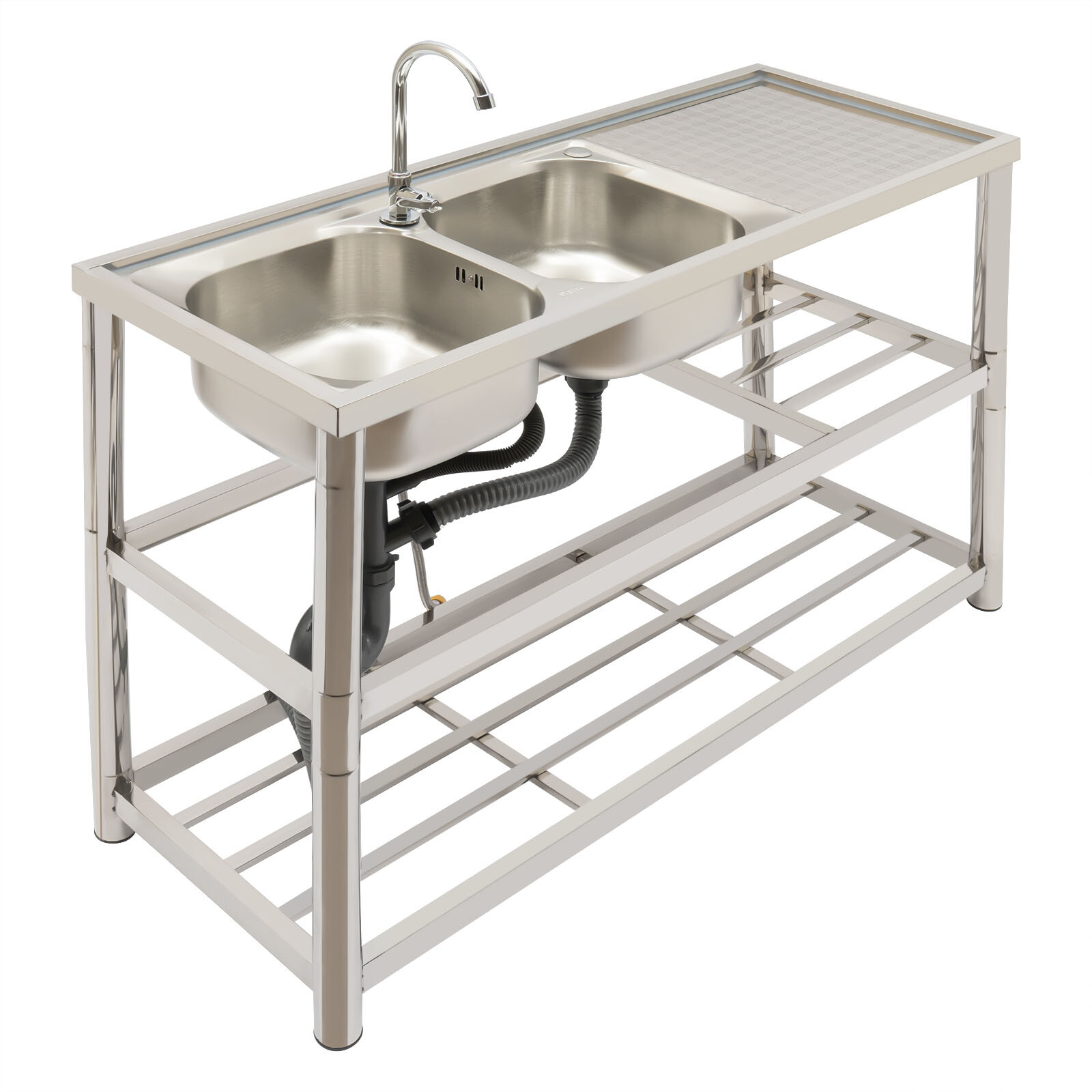 Commercial Stainless Restaurant Kitchen Sink Faucet + Drainboad Set Double Bowl