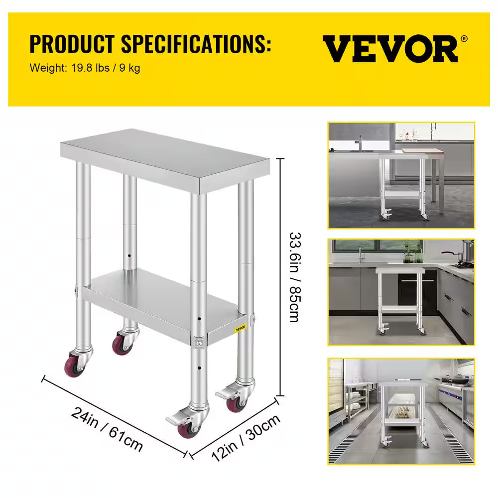 Stainless Steel Kitchen Prep Table with Wheels 24 In. X 12 In. X 32 In. Prep Tab