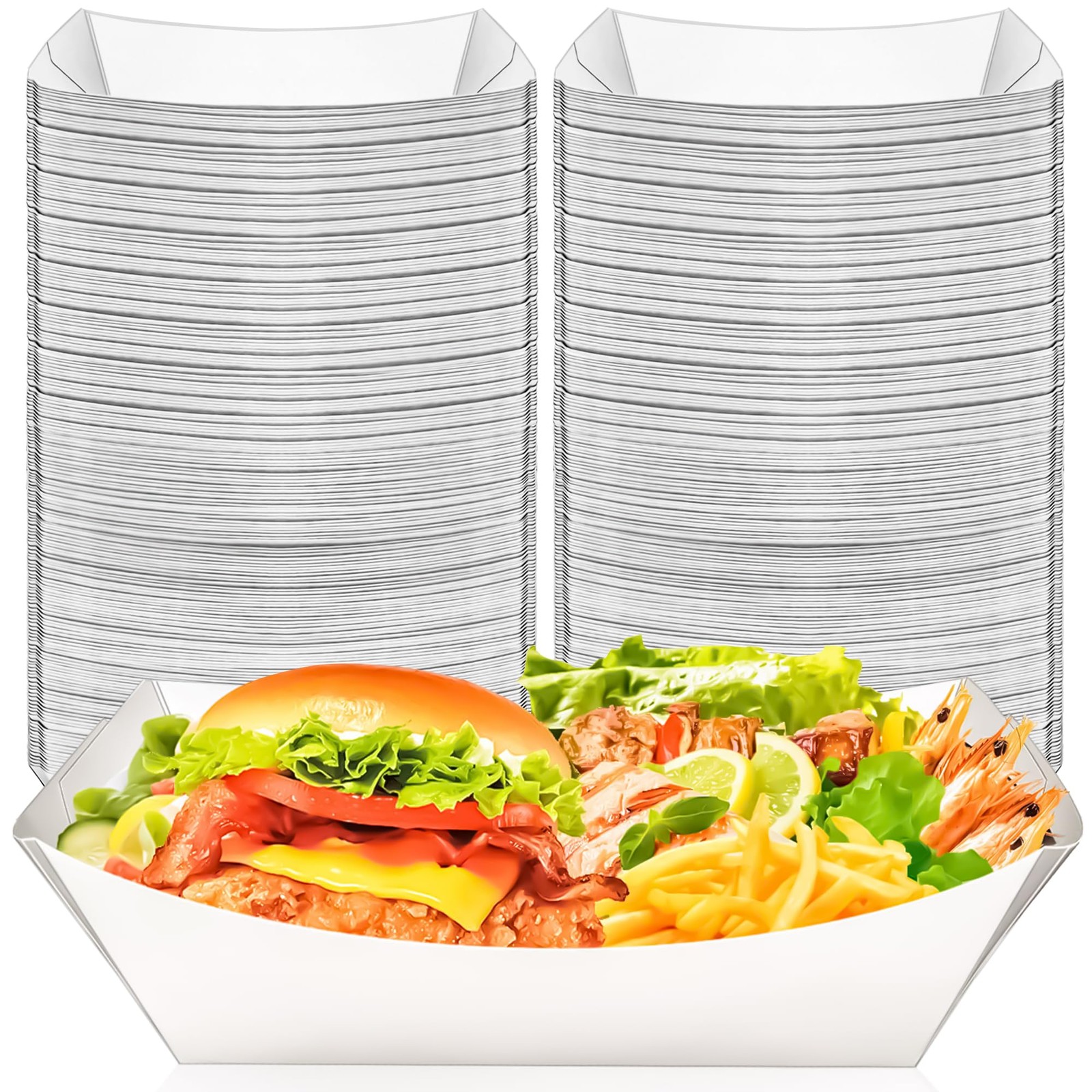 100 Pack 5LB Extra Large Food Boats Trays Disposable Boat, Heavy Duty White K…