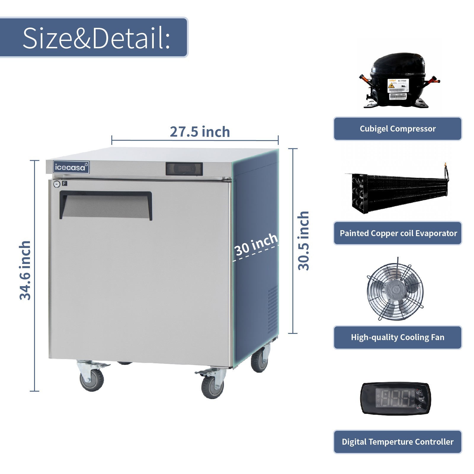 1 Door Undercounter Freezer, ICECASA 27″ Commercial Lowboy Worktop Freezer