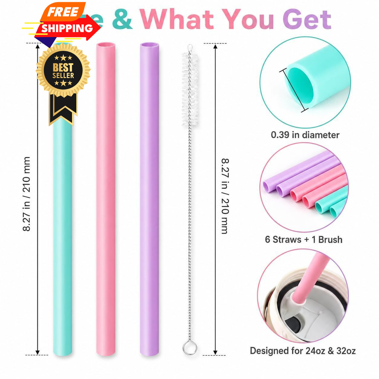Joshey 6PCS Replacement Straws for Owala FreeSip 24oz 24oz, Green+Pink+Purple