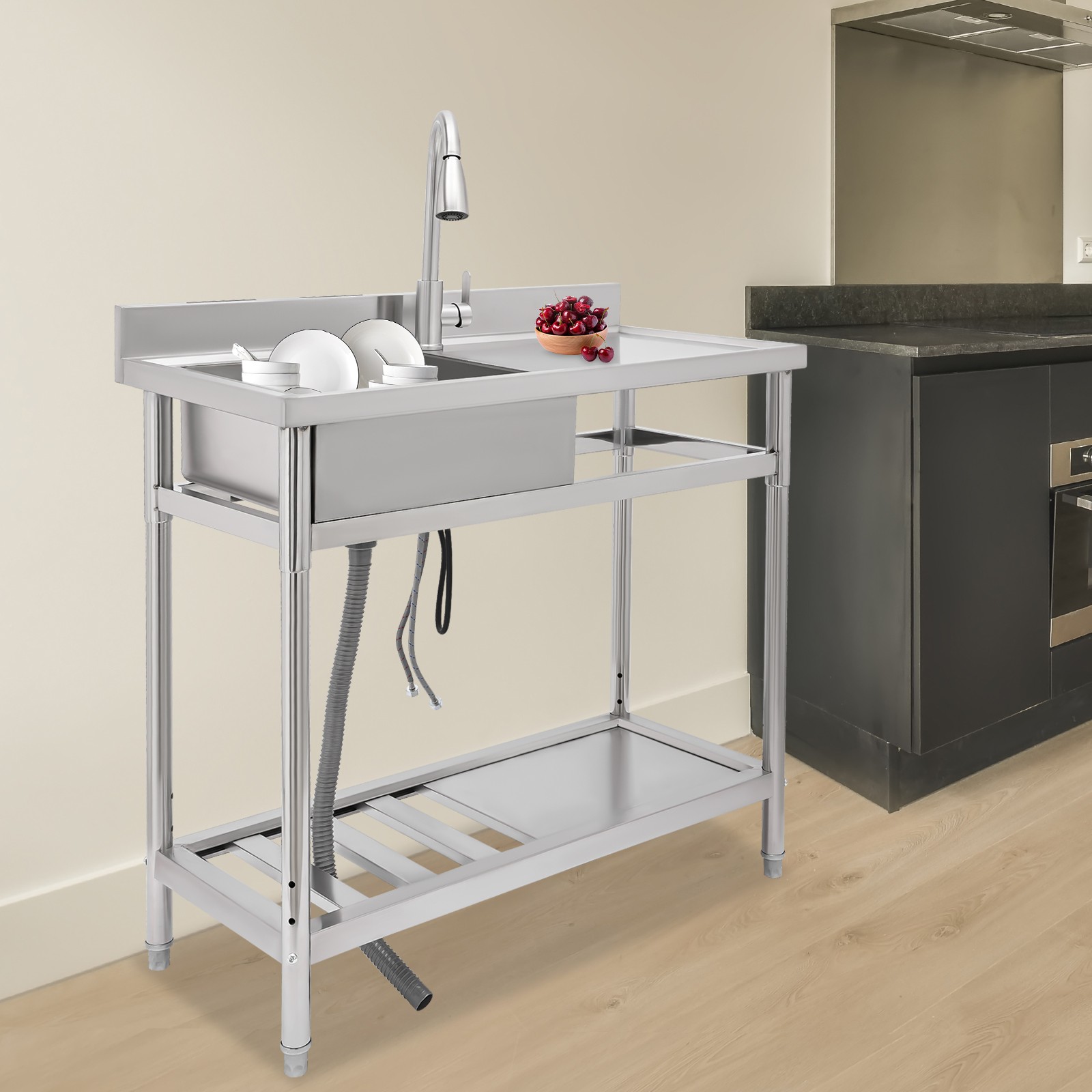 Stainless Steel Kitchen Utility Sink 39″ Freestanding Watersink +Pull-out Faucet