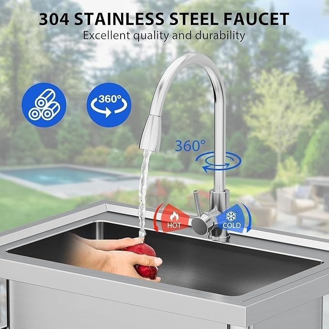 Kitchen Sink Stainless Steel Commercial Sink with Pull-out Faucet 28x20x34 Inch