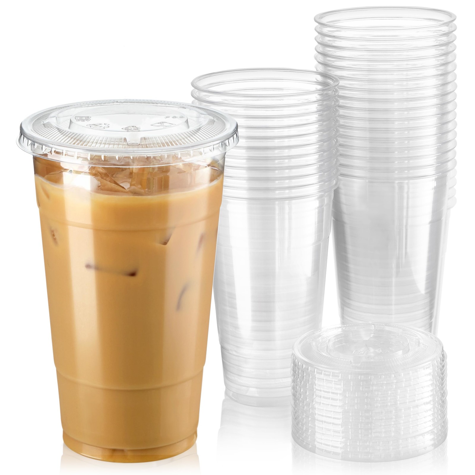 Fit Meal Prep 50 Pack 24 oz Clear Plastic Cups with Flat Lids, 24 oz,