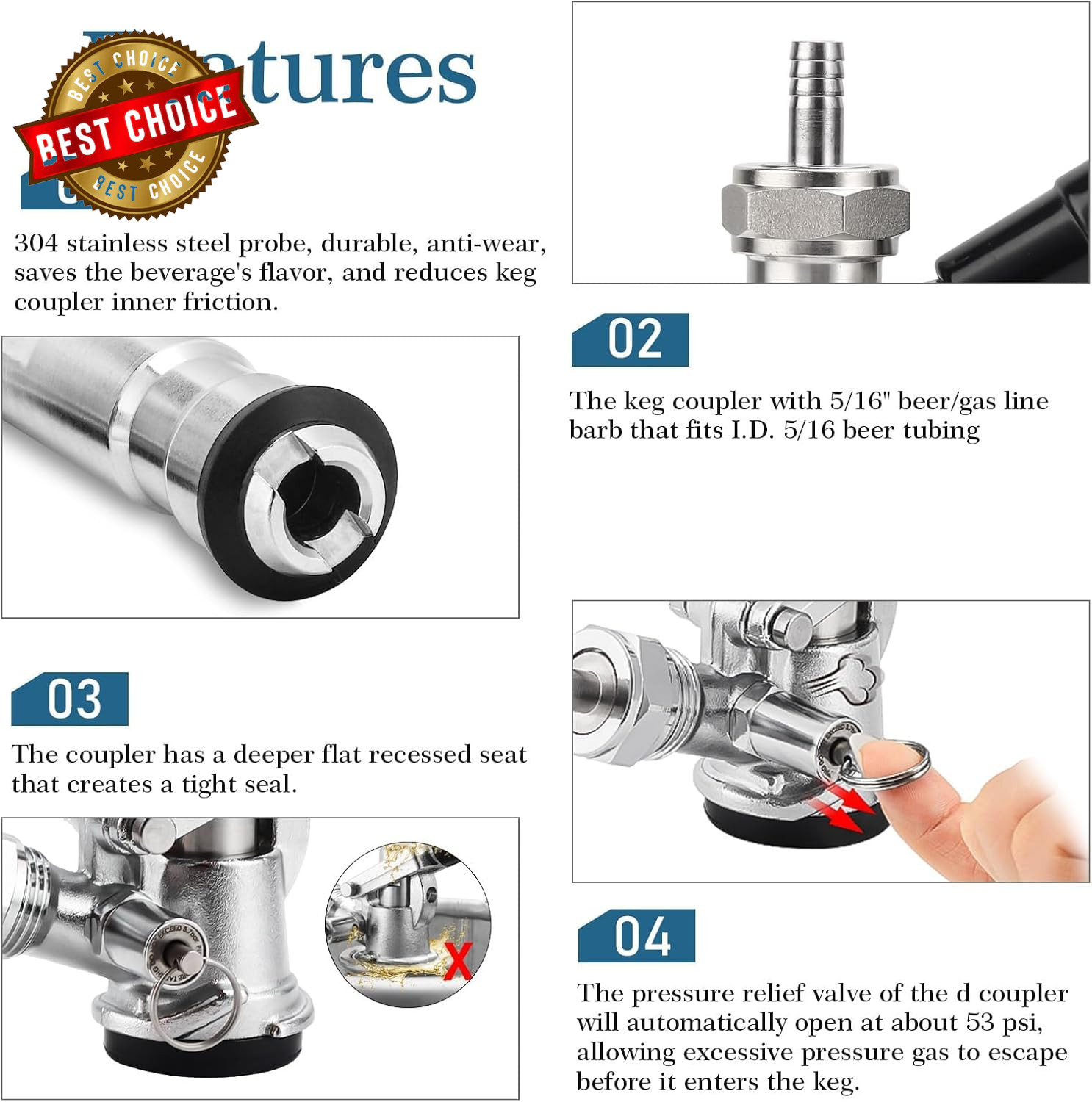 Keg Coupler 304 Stainless Steel Probe Sankey Keg Coupler D System Keg Tap for Ke