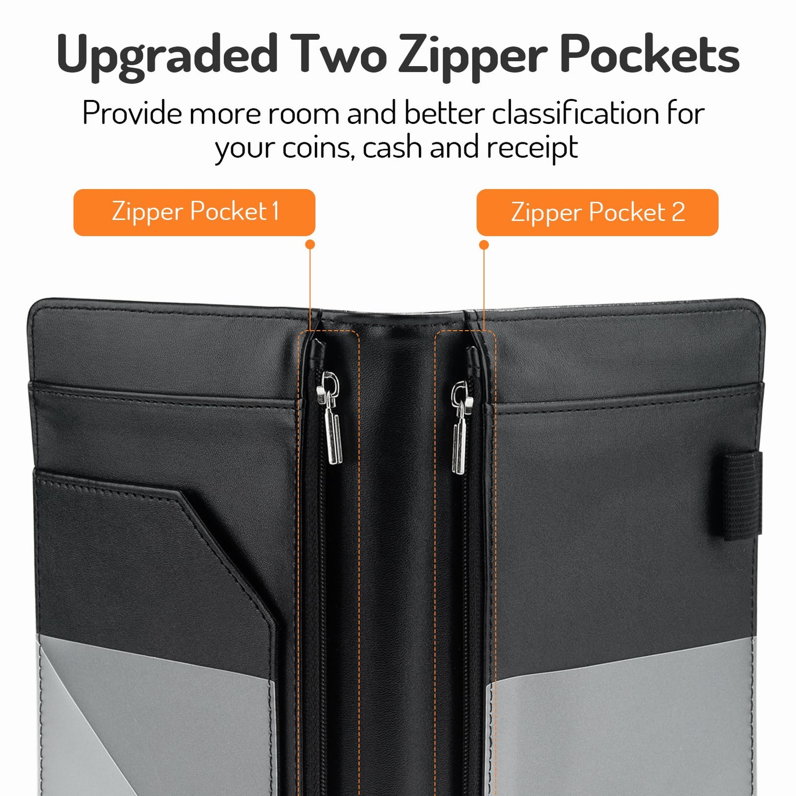 Server Book with 2 Zipper Pockets, Leather Standard Version, Glitter Black