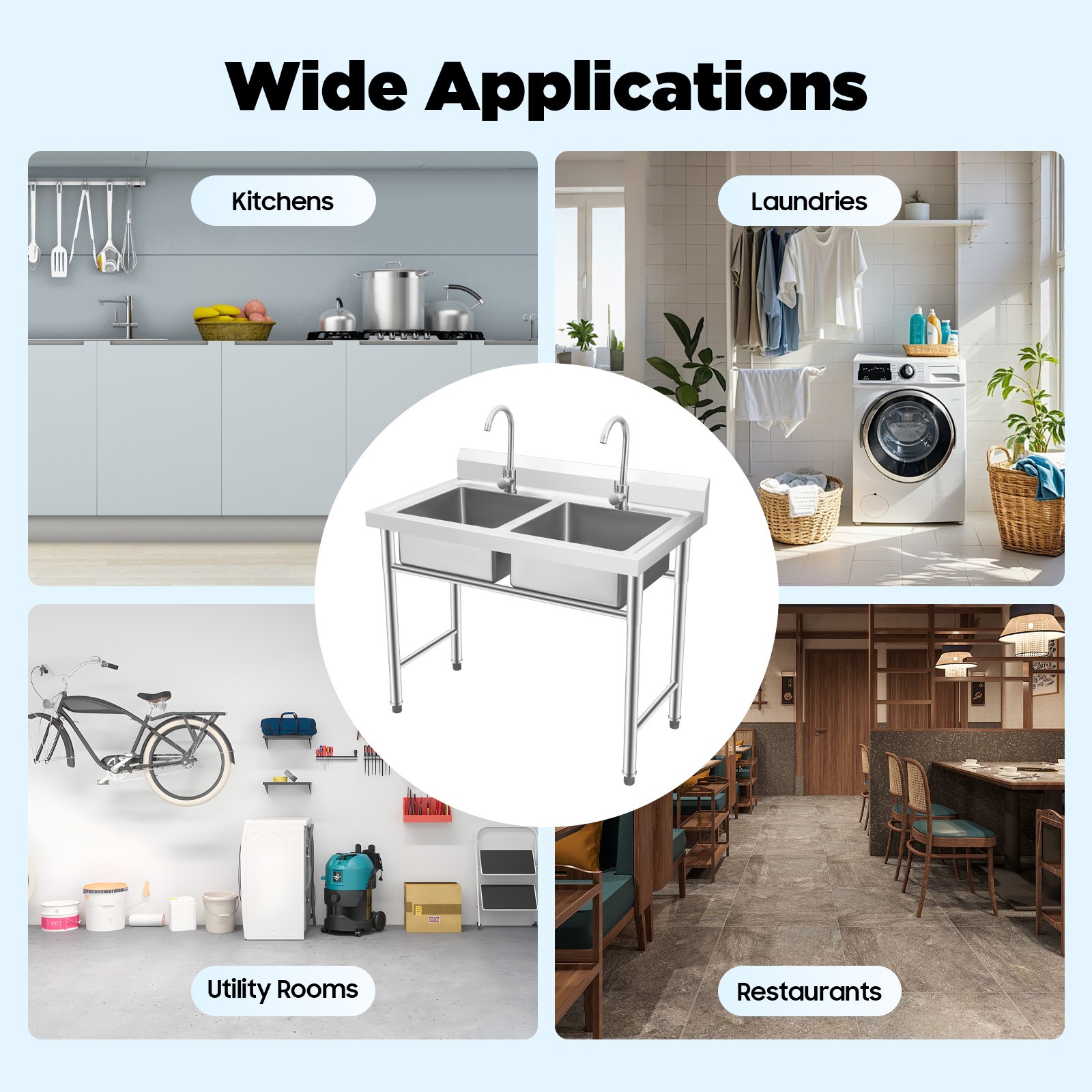 2 Compartment Free Standing Utility Sink for Garage Restaurant, Kitchen, Laundry