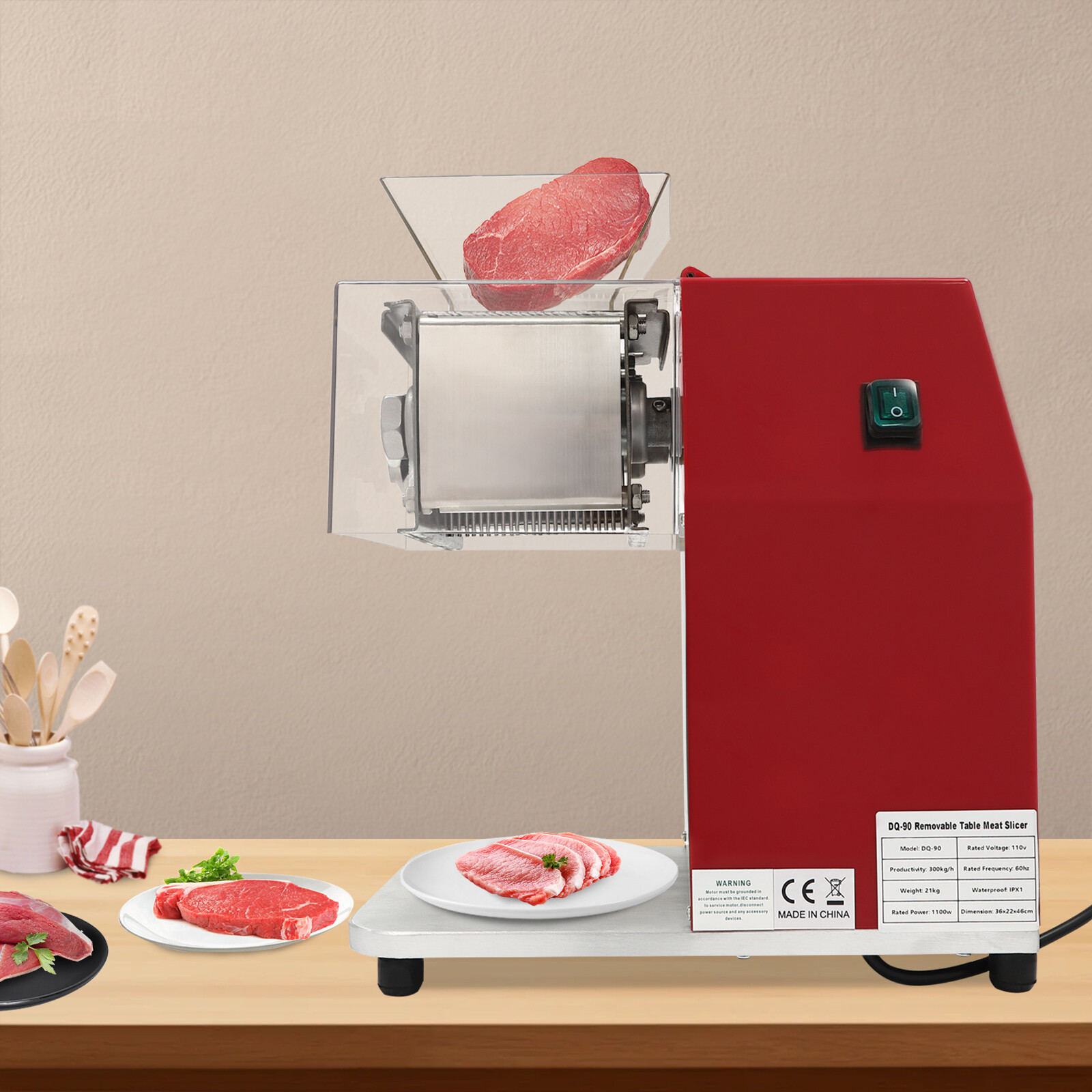 1100W Stainless Steel Meat Slicer Cutter Commercial Vertical Feed Red Silver