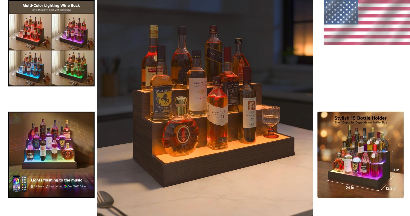 LED Liquor Bottle Display Shelf 24 Inch Walnut Modern 3 Tier Bar