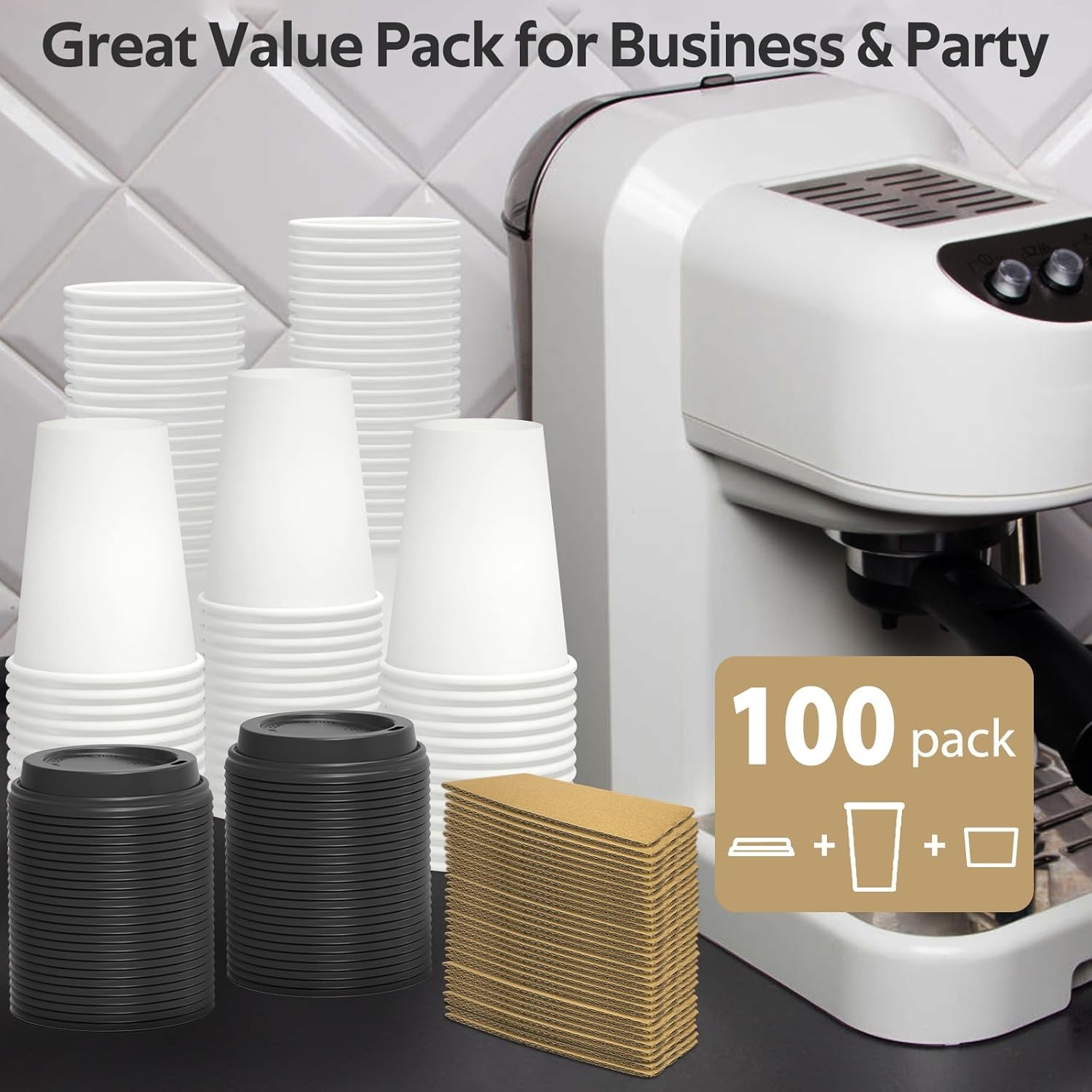 100 Pack 12 oz Disposable Coffee Cups with Lids and Sleeves – Leak Free Hot Cups