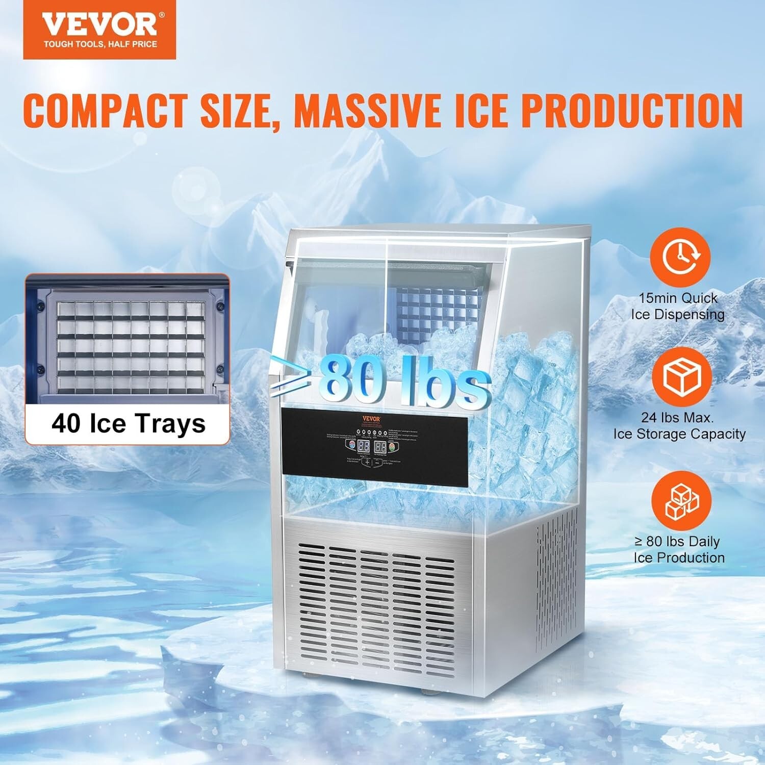 Commercial Ice Maker: 80lbs/24H, 40 Ice Cubes in 15 Min, 24lbs Storage Capacity