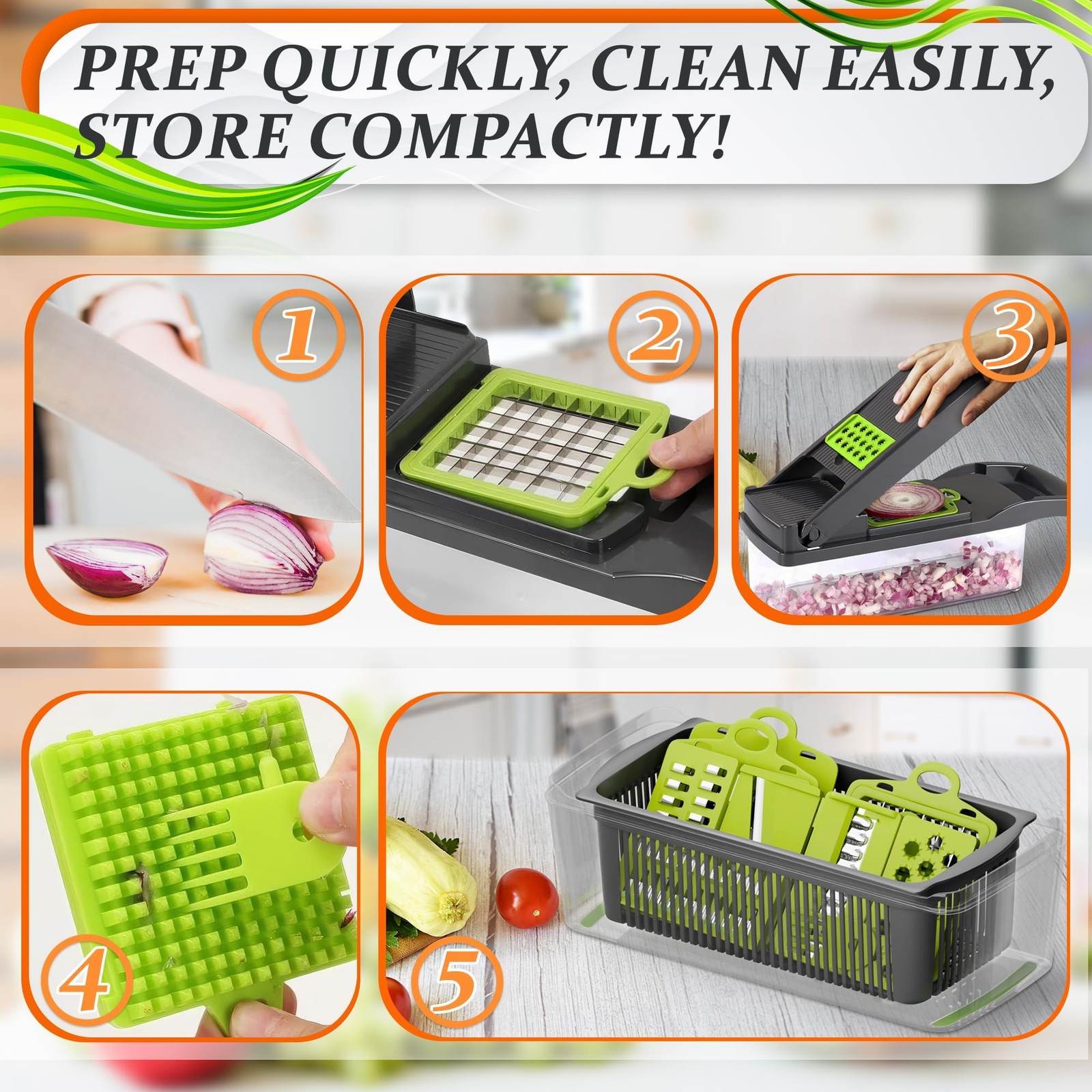 14-in-1 Vegetable Chopper with Container – Veggie Medium, Green