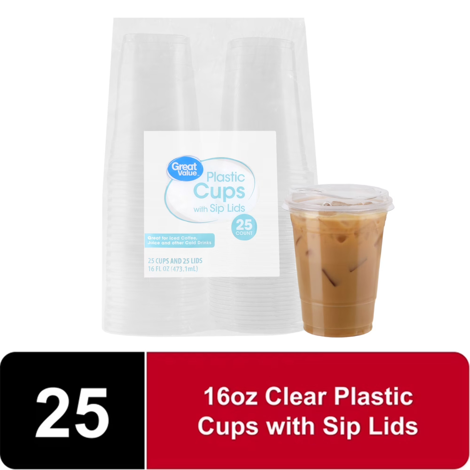 Great Value Disposable Plastic Cups and Lids, Clear, 16 oz, 25 Count, (Cup and L