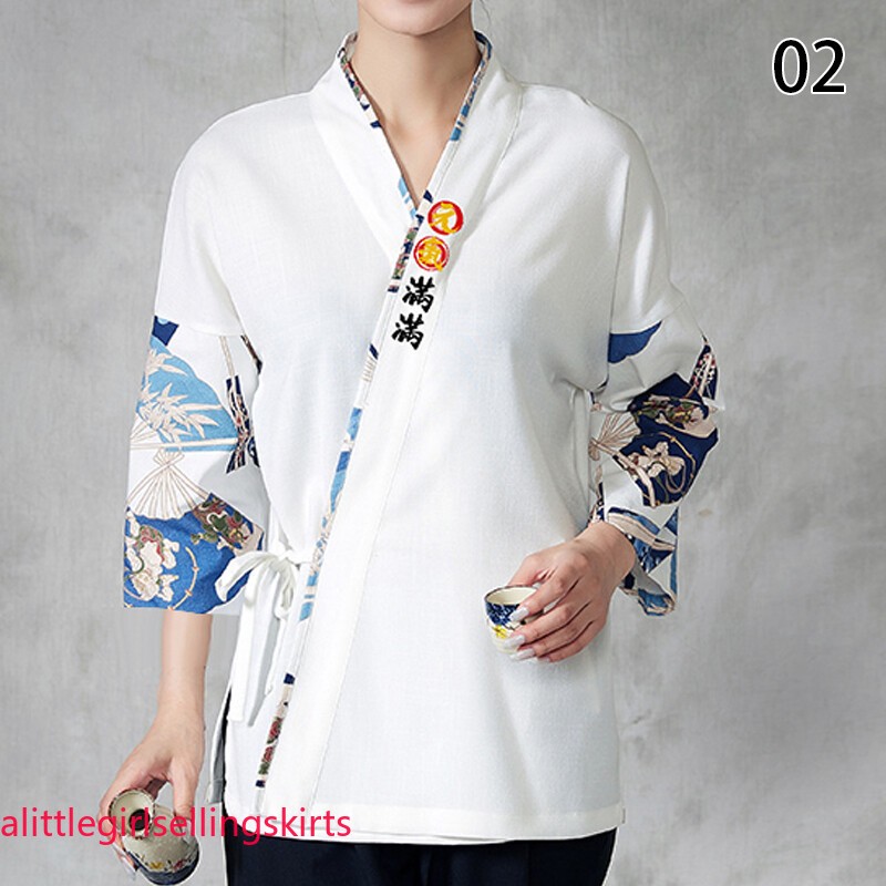 M-2XL Sushi Chef Kimono Style Coat Uniform Waiter Overalls Japanese Work Jacket
