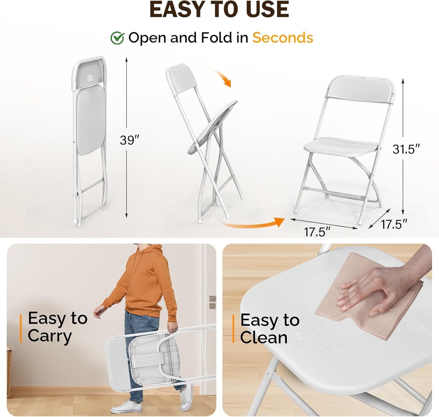 Bonnlo Folding Chairs Set of 10 White Plastic with Metal Frame for Party Wedding