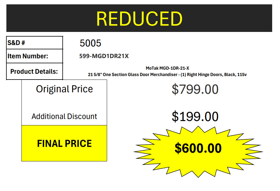 |5005| MoTak MGD-1DR-21-X 21 5/8″ One Section Glass Door Merchandiser – (1) Rig