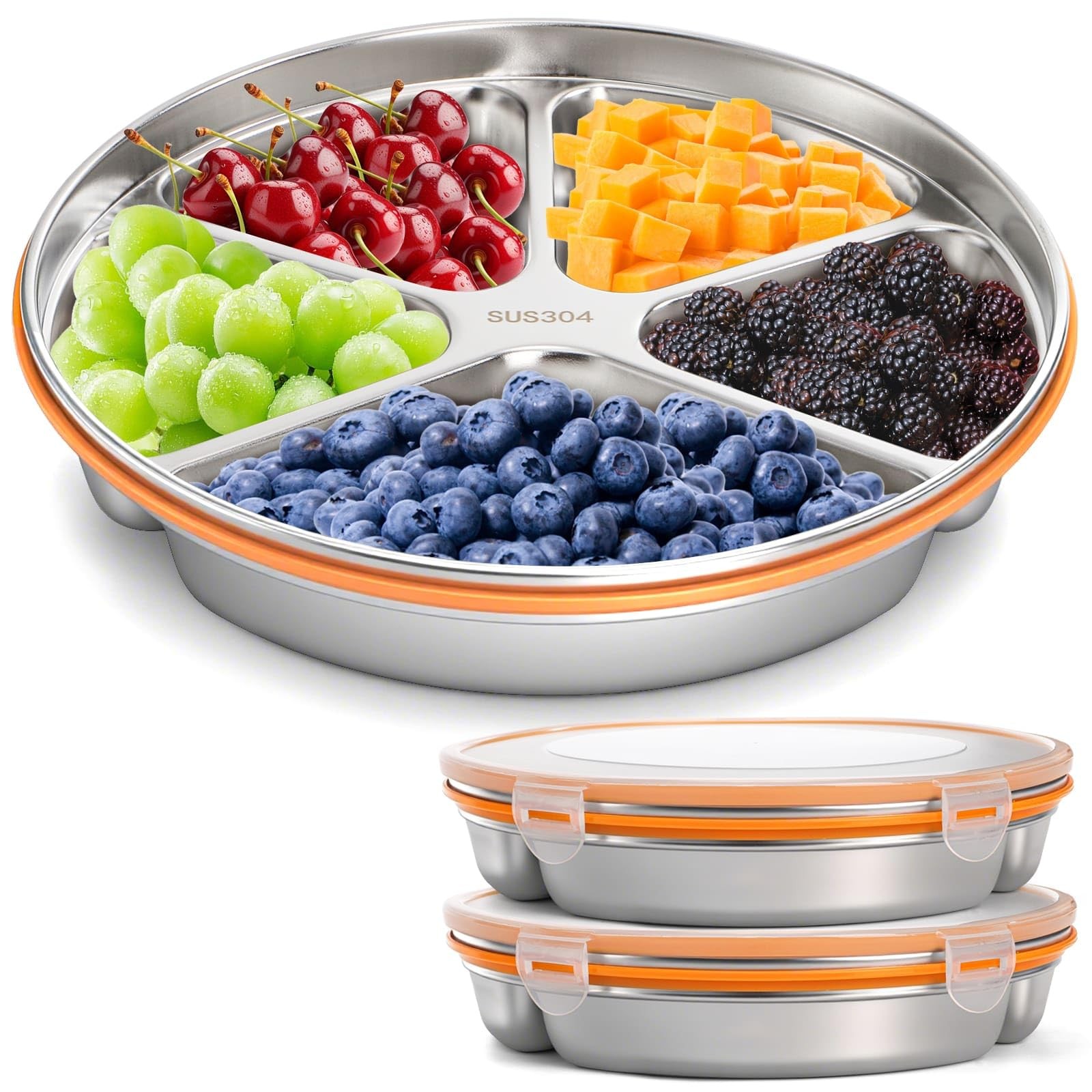 Youeon 2 Pack Stainless Steel Divided Serving Tray Lid 5 Compartments Round