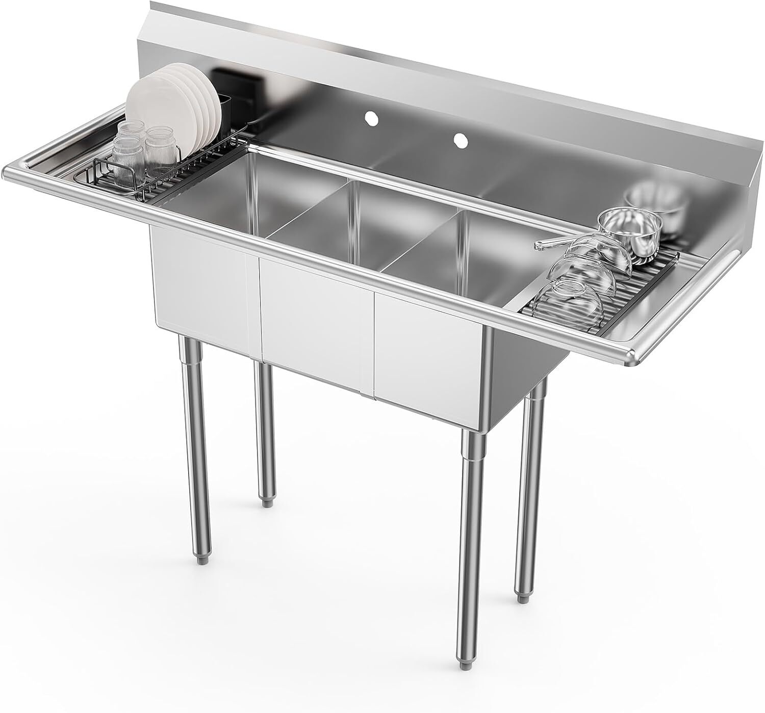 Commercial Sink, Stainless Steel Sink with 3 Compartment and 2 Sides Drain Rack