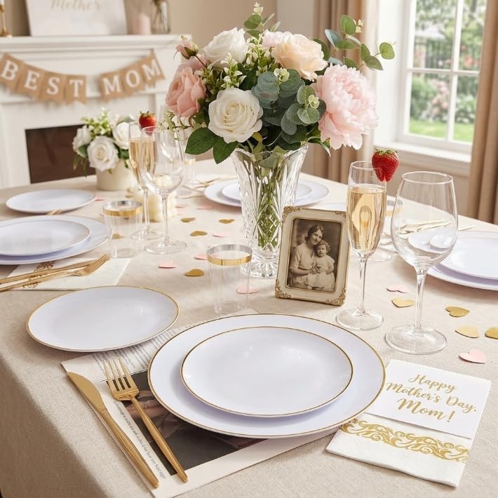 MirthMood 210Pcs Disposable Plastic Plates Set, Gold and White Plastic Party