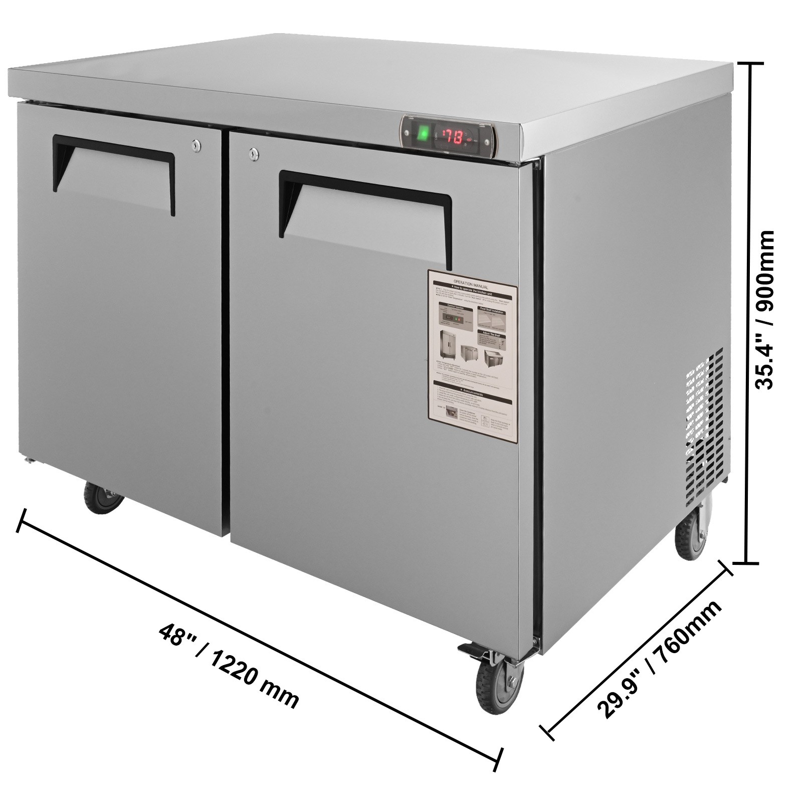 VEVOR 48″ Undercounter Worktop Refrigerator Prep Table 12.9 Cu.Ft Cooler 2 Doors