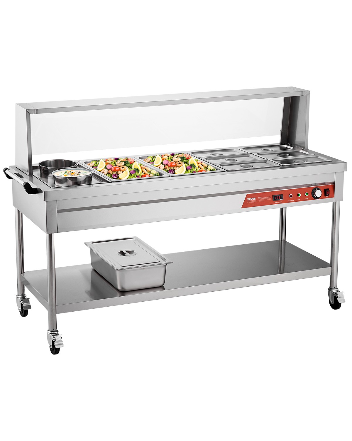 VEVOR 8 Pans + 2 Pots Commercial Food Warmer Steam Table with Undershelf Shield