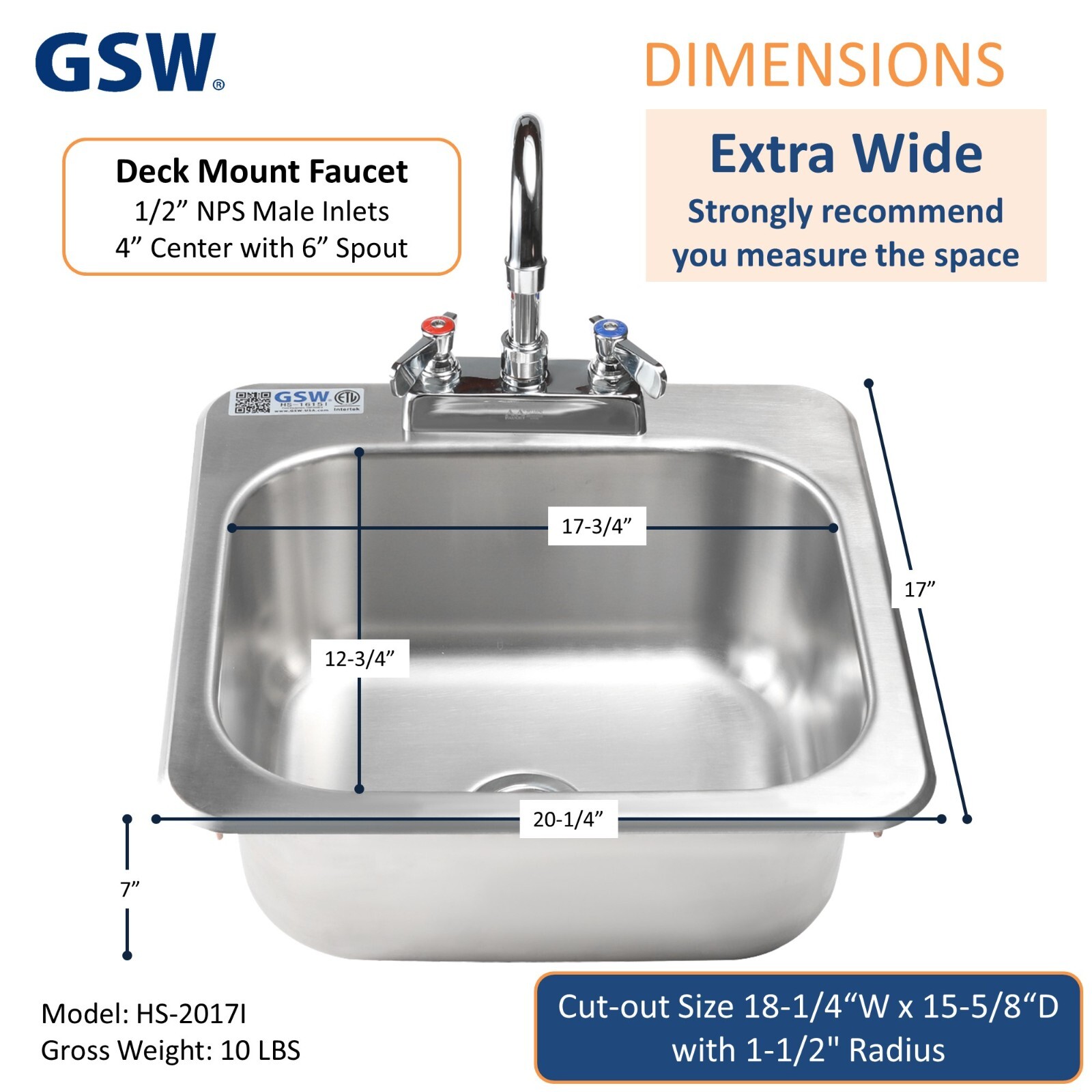 ACE Stainless Steel 20 x 17 Drop-In Hand Sink with Faucet ETL approved HS-2017IG