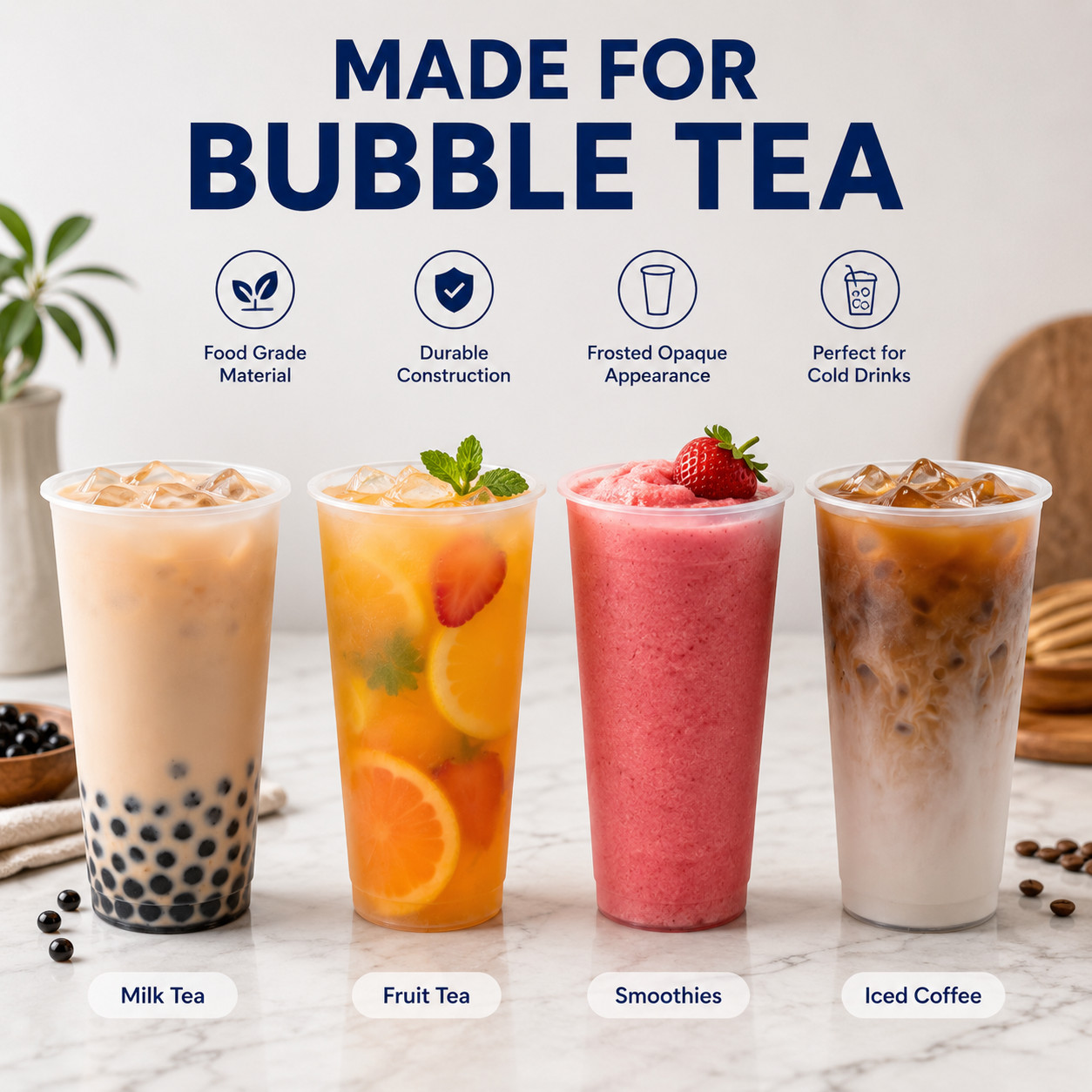 Honey&Milk 24oz Tall PP Plastic Cups 500 Count 90mm Clear Boba Tea Cups C-TPP24C