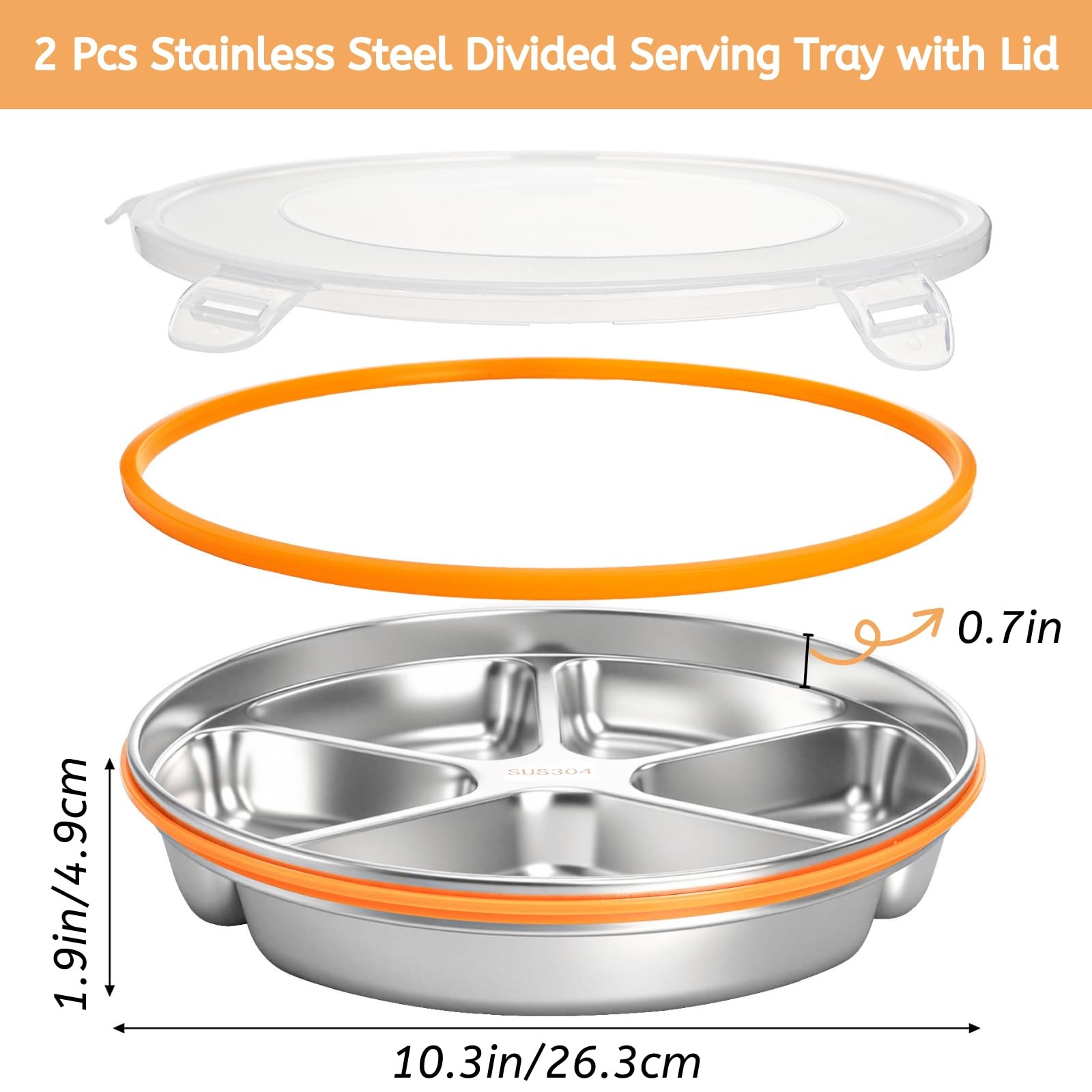 Youeon 2 Pack Stainless Steel Divided Serving Tray Lid 5 Compartments Round