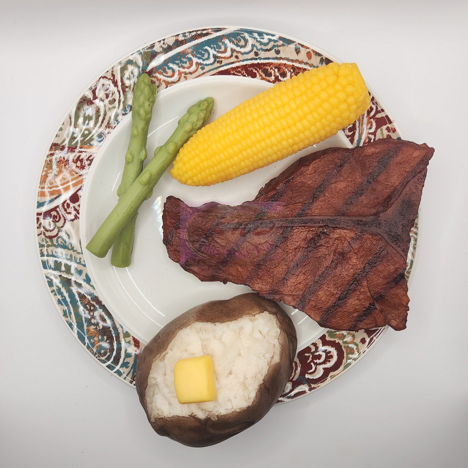 Wax Grilled Steak Dinner, Baked Potato, Full Size Corn, Prop, Fake Food