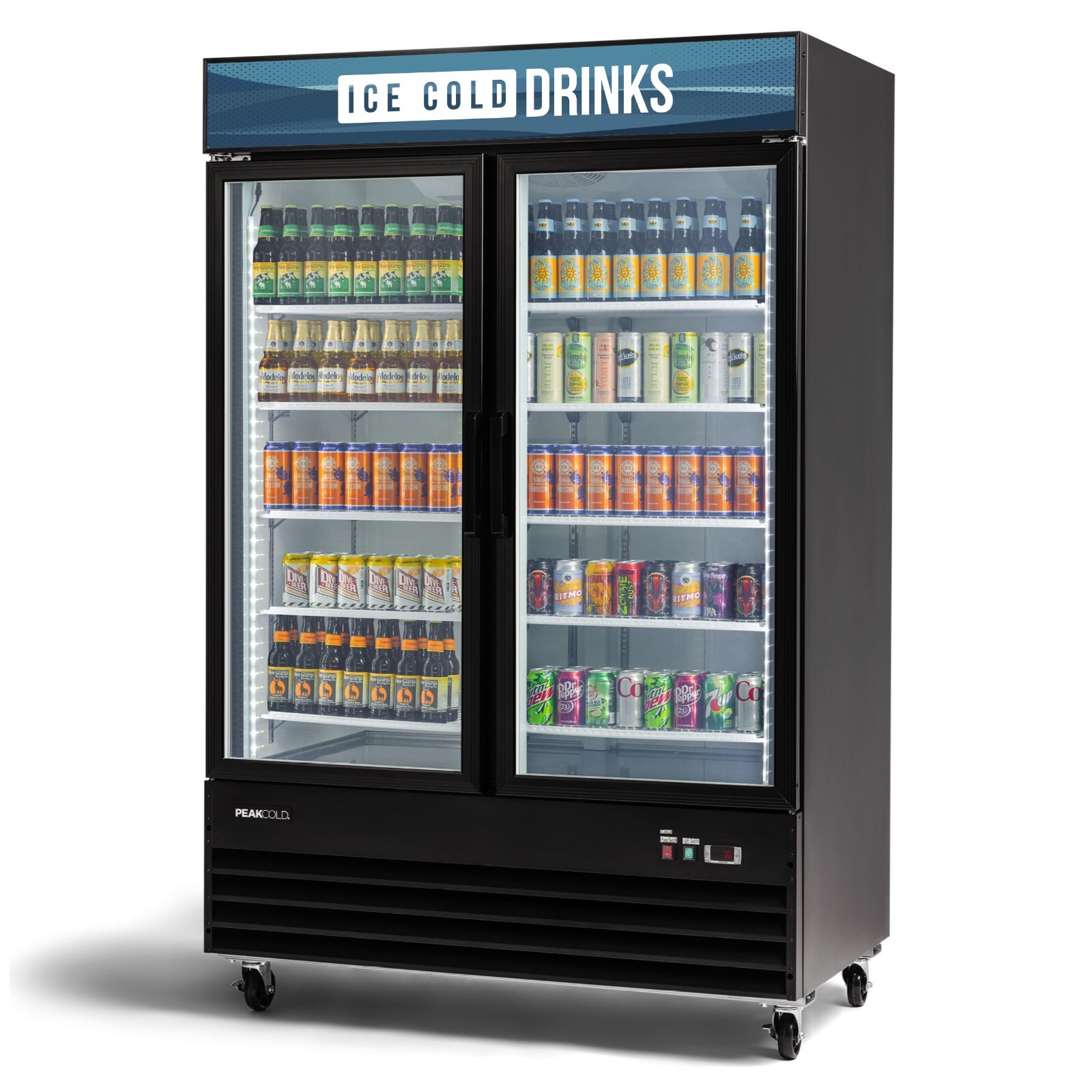 PEAKCOLD Commercial Double Glass Door ICE COLD DRINKS, Merchandiser, 45 Cu Ft