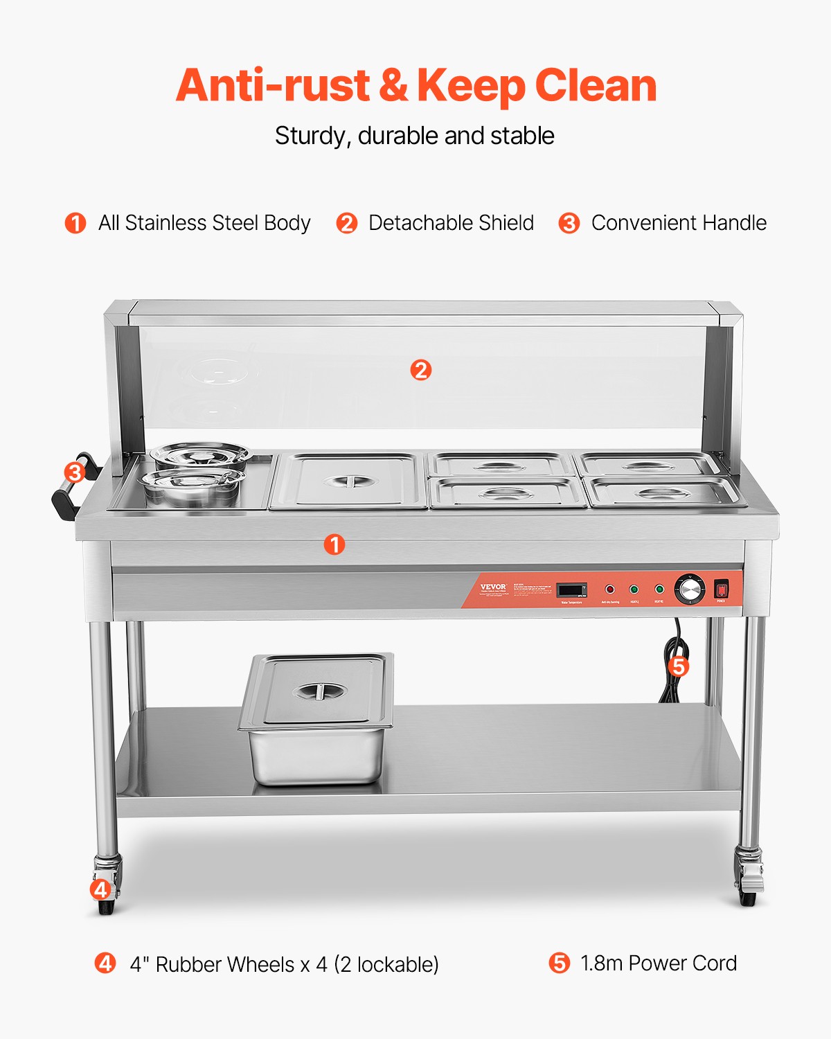 VEVOR 5 Pans + 2 Pots Commercial Food Warmer Steam Table with Undershelf Shield
