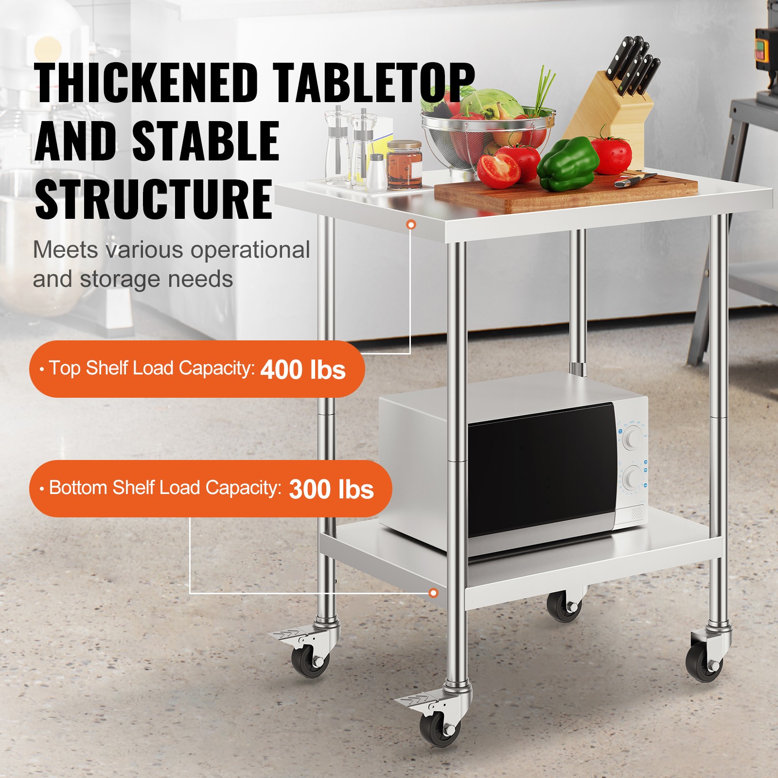 VEVOR Stainless Steel Work Table Commercial Prep Table 24×30 Inch With 4 Casters