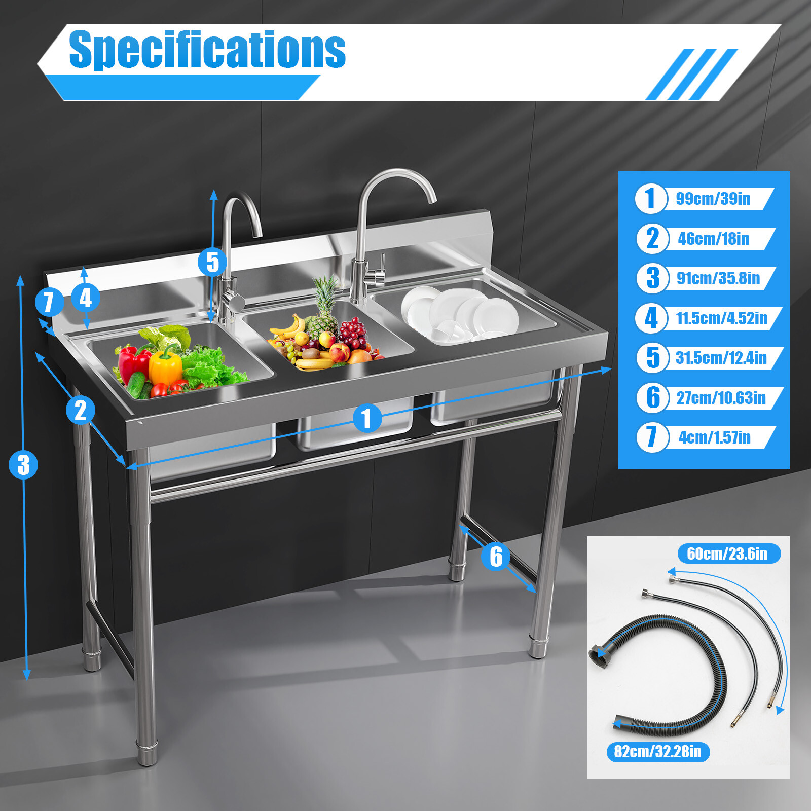 Commercial Sink Stainless Steel 3 Compartment Kitchen Utility Sink With Faucet