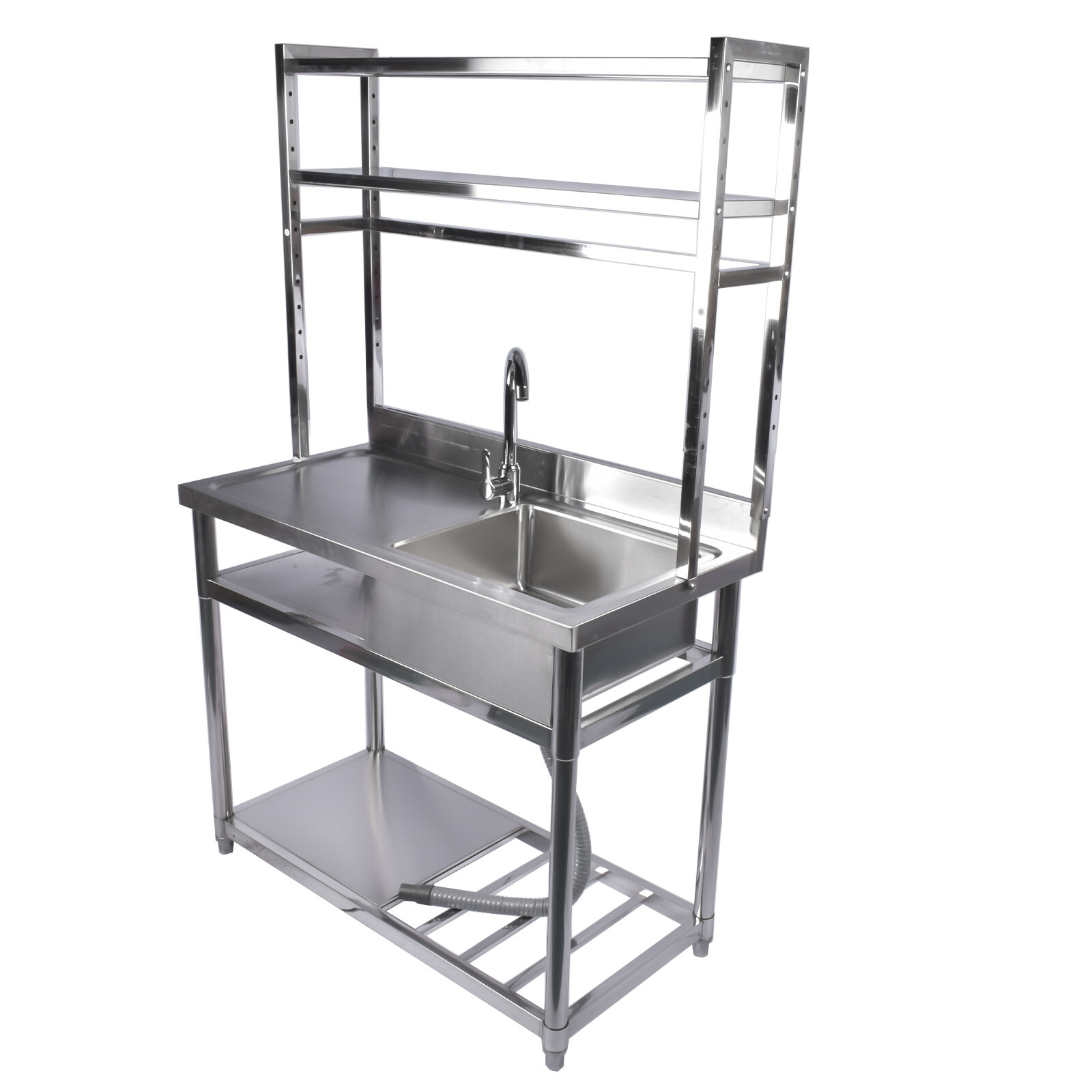 39.4in Stainless Steel Utility Right Sink Single Bowl Sink w/ Shelves Drainboard