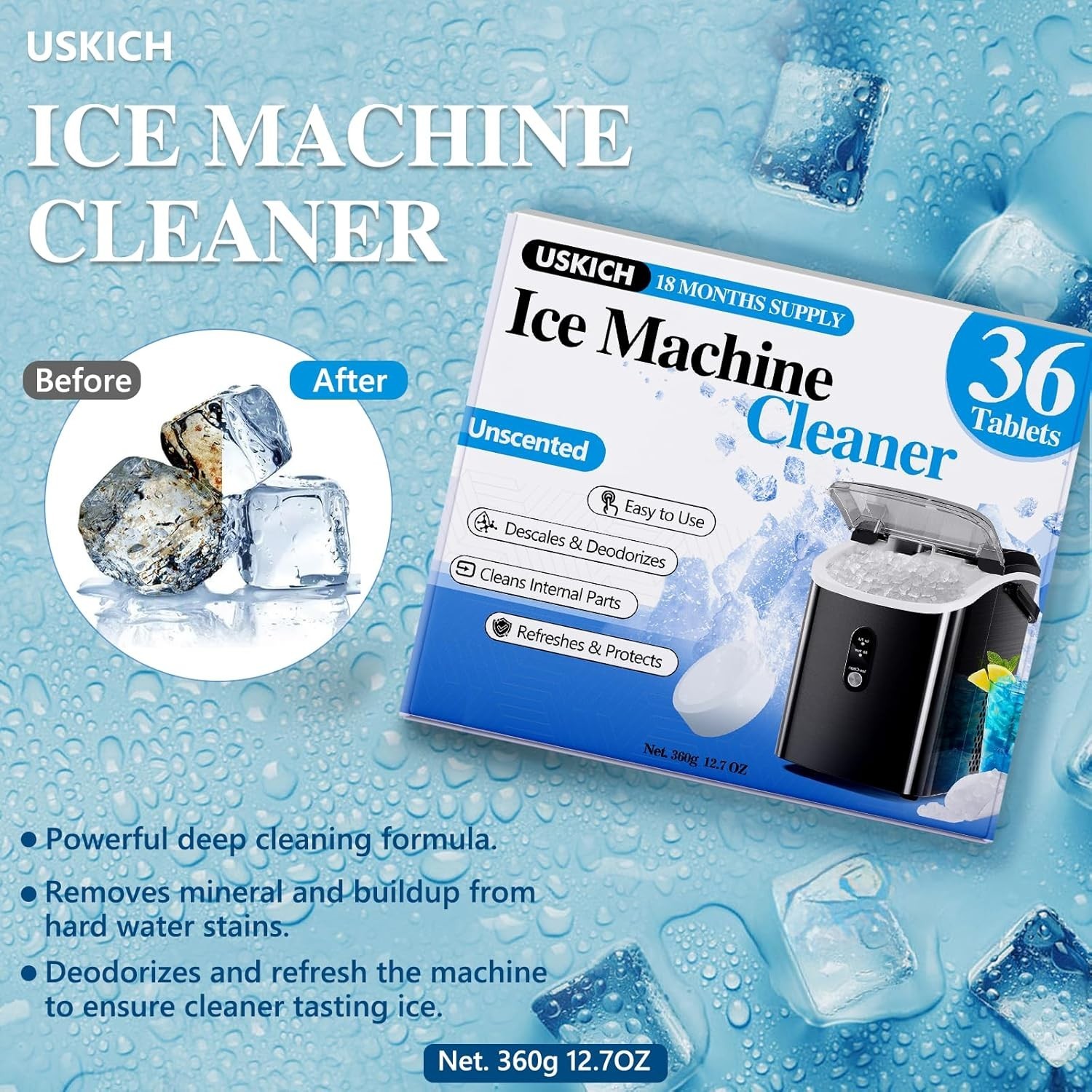 Crystal Clear Ice Maker Cleaner Tablets – 36 Count Compatible with TOP Brands