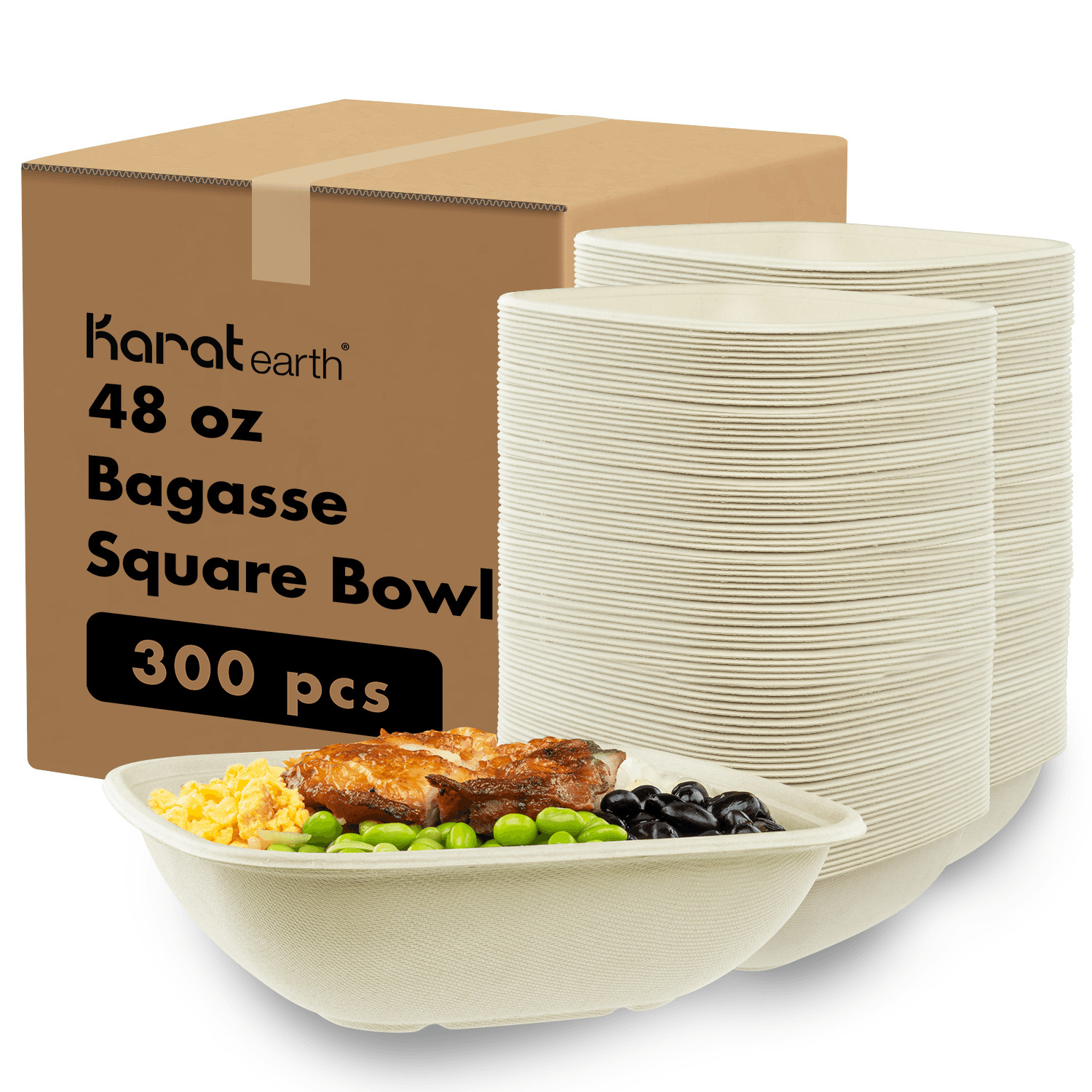 Karat Earth 48oz PFAS Free Bagasse Square Bowl, Natural – 300 pcs, KE-BBS48N-FF