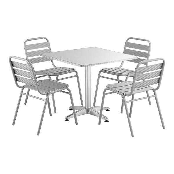 31 1/2» Square Chrome Metal Restaurant Table with 4 Slat Back Armless Chairs