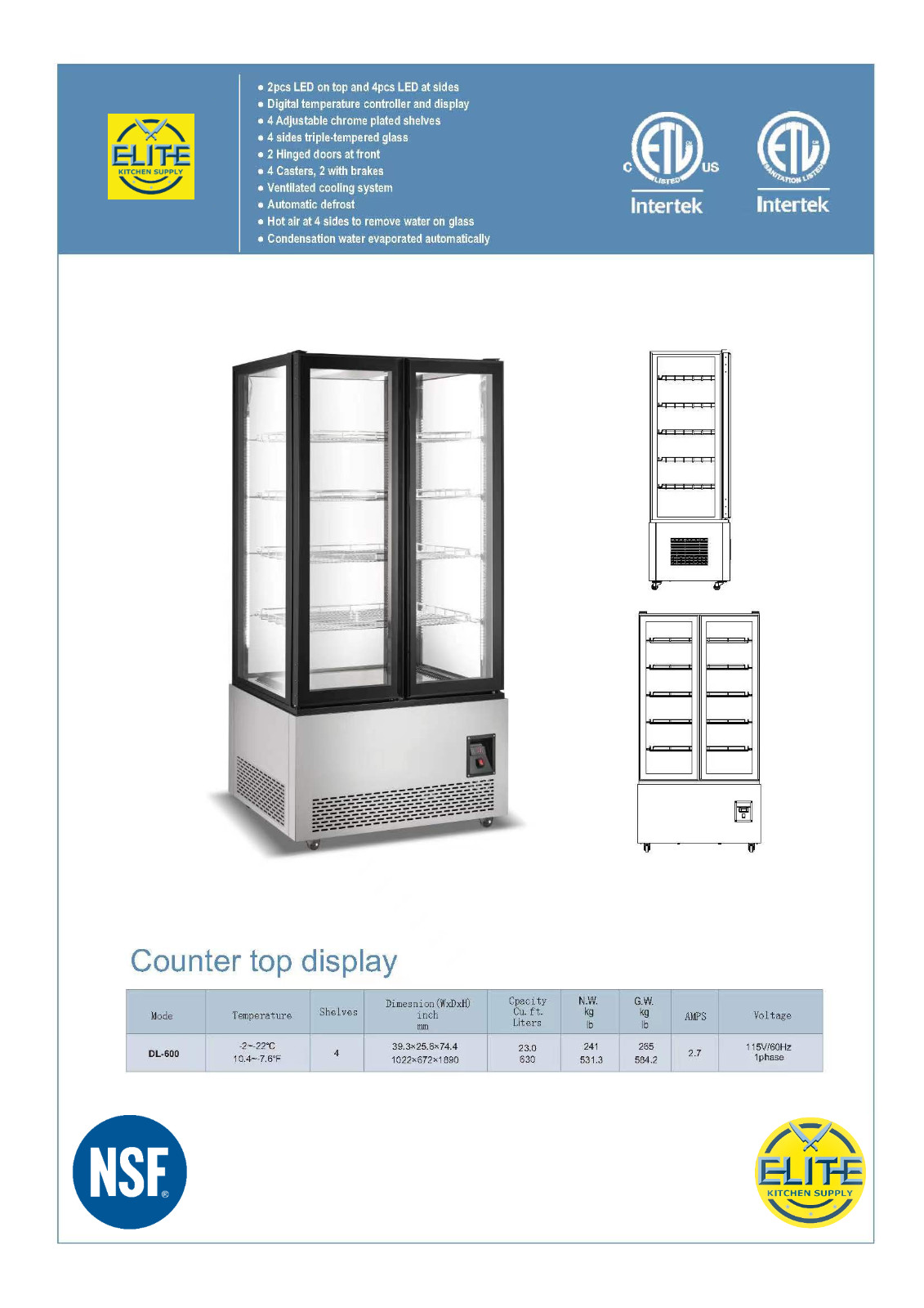 NSF 40″ Glass Door Gelato Display Case 4 Tier Ice Cream Freezer W/ LED