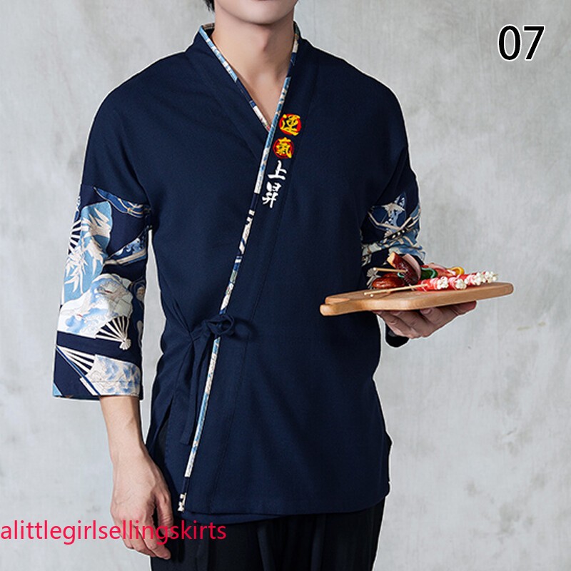 M-2XL Sushi Chef Kimono Style Coat Uniform Waiter Overalls Japanese Work Jacket