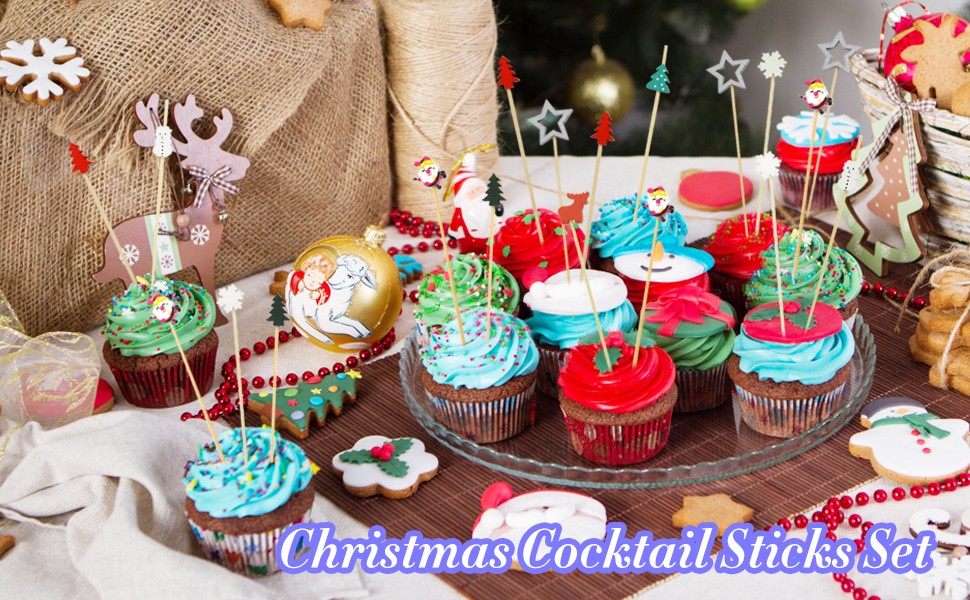 160PCS Christmas Cocktail Picks,Assorted Xmas Bamboo Fruits Toothpicks for Food