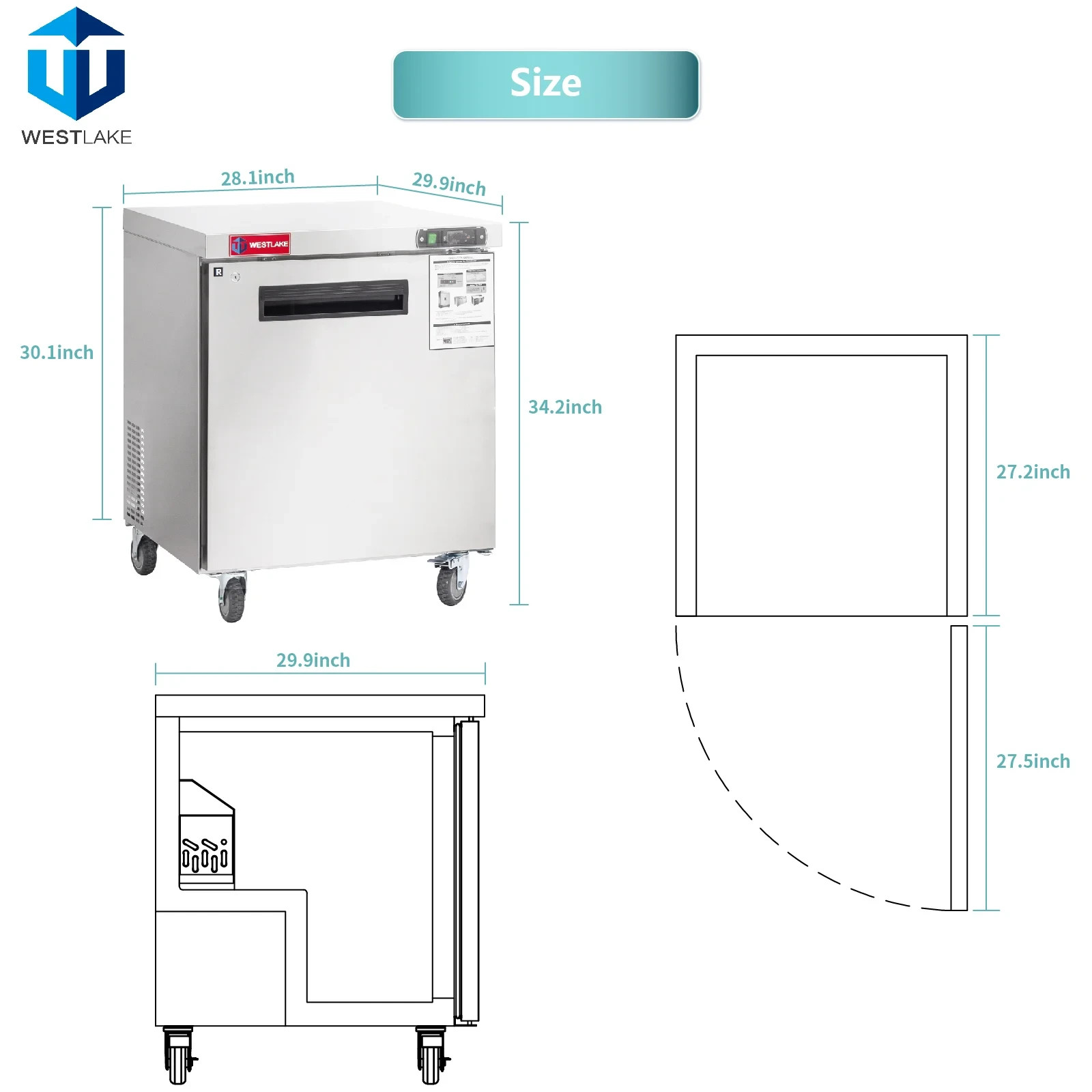 Commercial Undercounter Fridge, WESTLAKE 1 Door 28″ W Worktop Cooler 6.3 Cu.ft