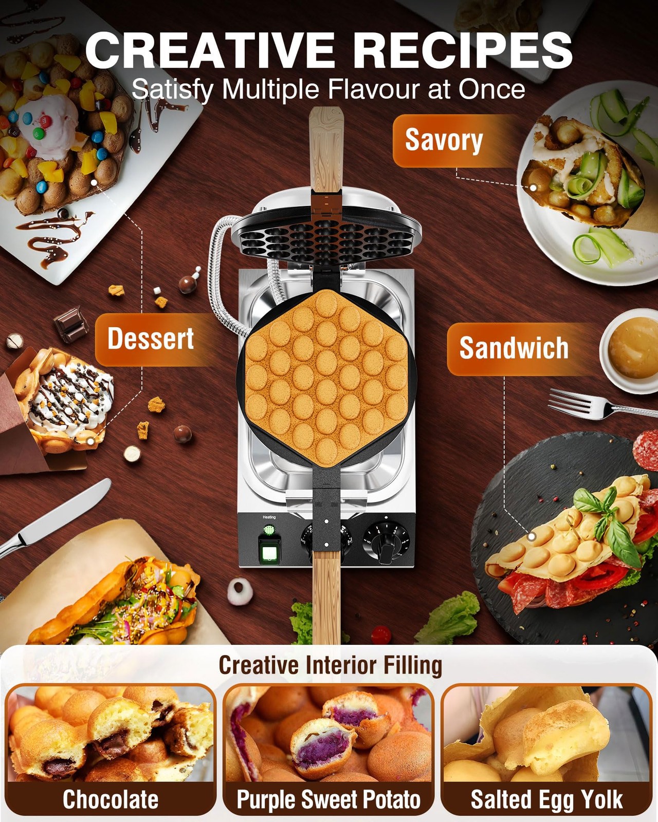 Pyy Bubble Waffle Maker – Commercial Egg Puff Waffle Iron Machine 180 Rotating