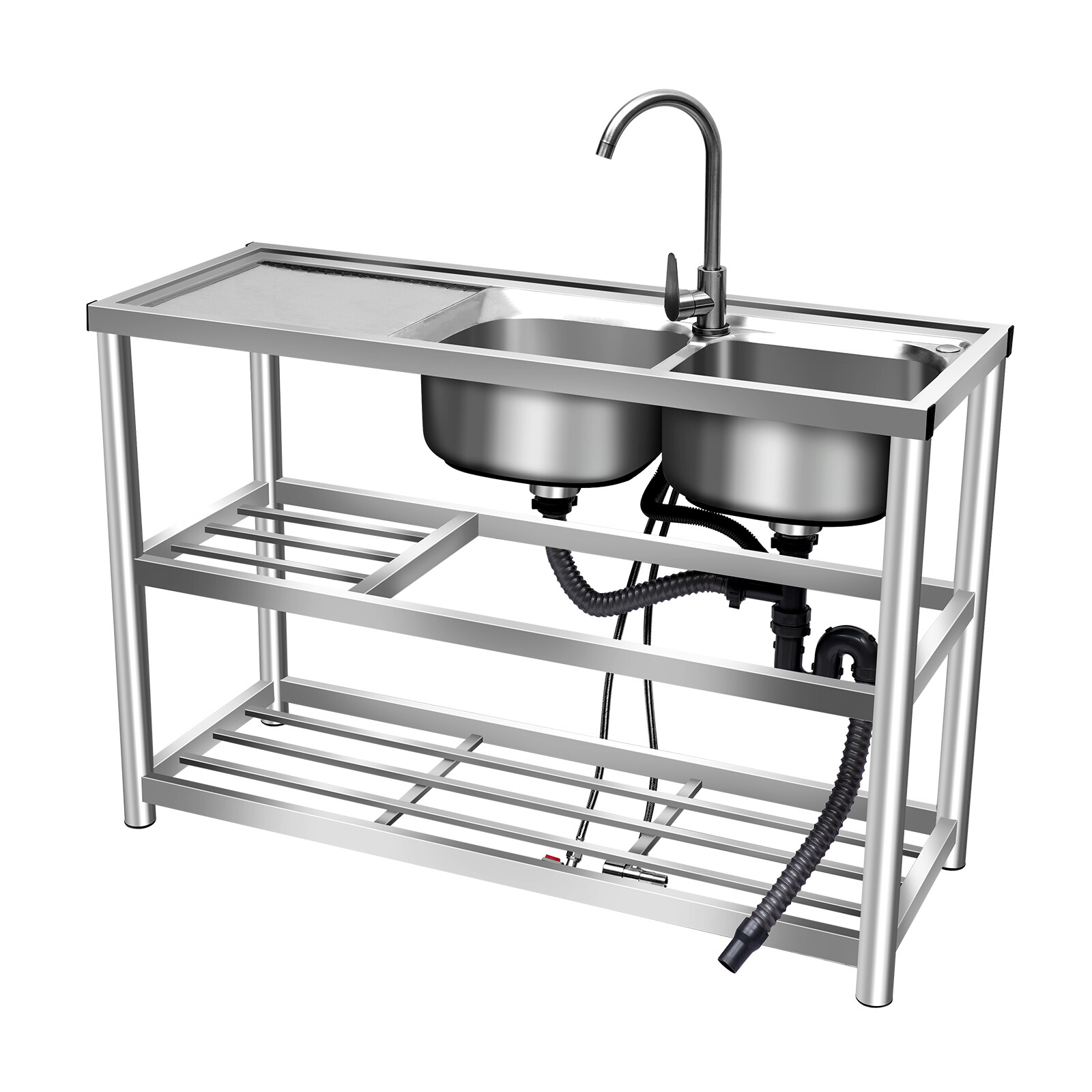 Free Standing Stainless Steel Double Bowl Commercial Restaurant Kitchen Sink Set