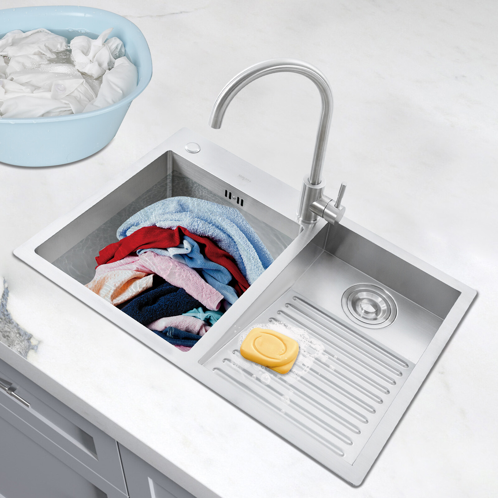 Stainless Steel Drop-in Laundry Sink Workstation Sink w/ Faucet 27.56*18.9*8.66″