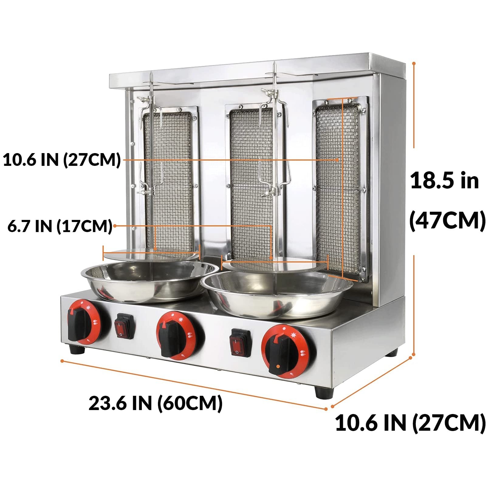 Shawarma Machine 3 Burners Kebab Grill Vertical Rotisserie with 2 Auto Spinni…