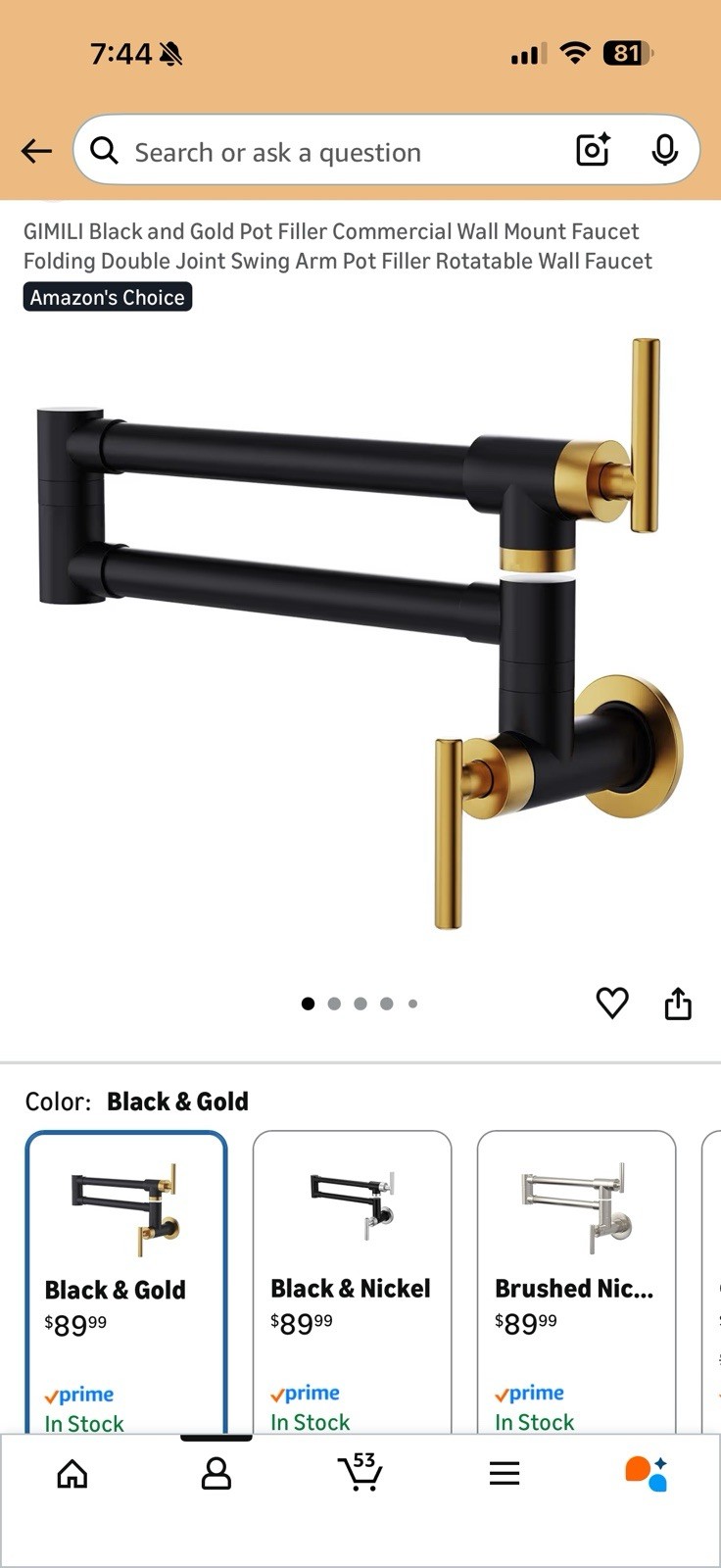 GIMILI Black Gold Wall Mount Pot Filler Faucet Double Joint Swing Arm