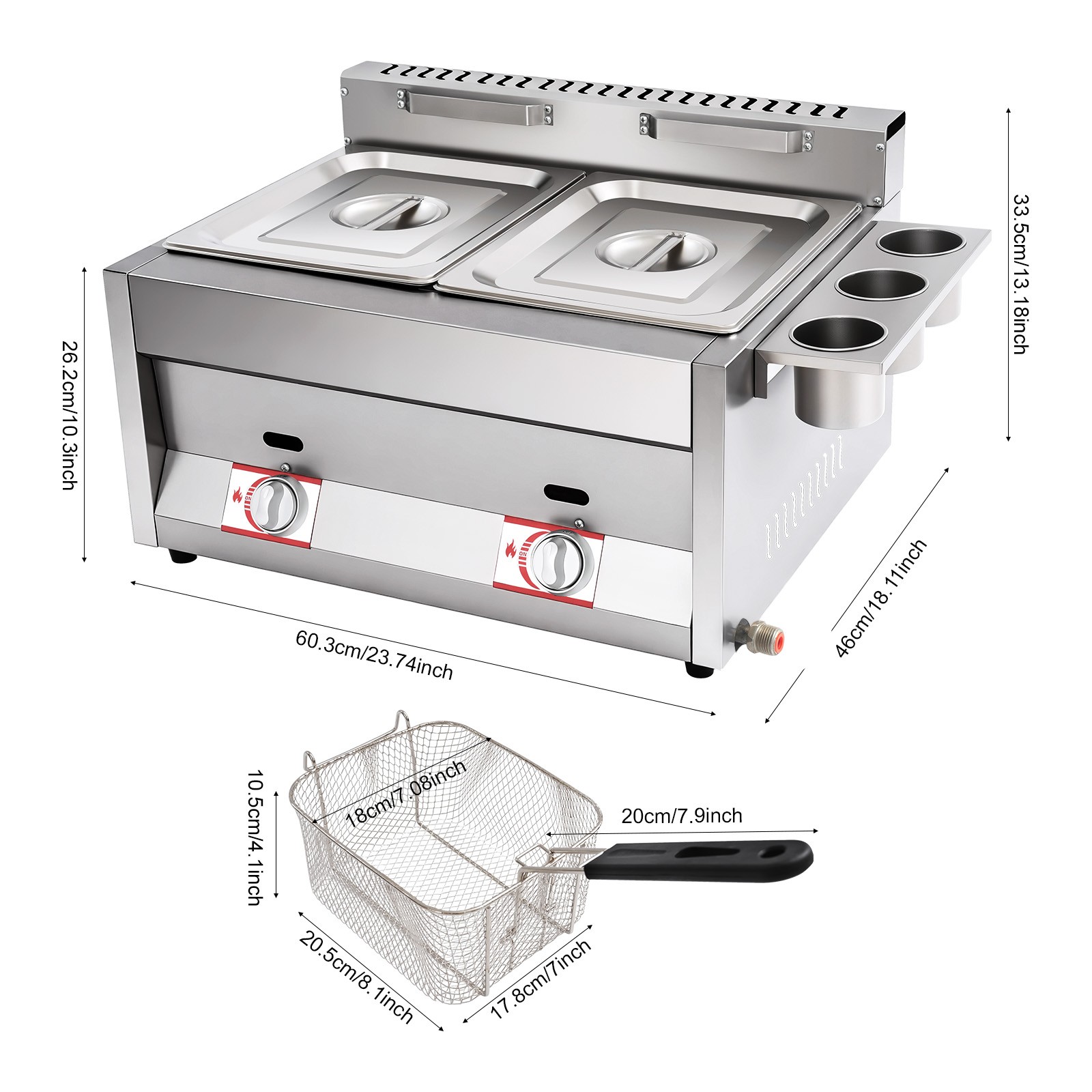 23.74*18.11*13.18″ Silver Commercial Dual Tank Kitchen Deep Fryer W/ Basket& Lid